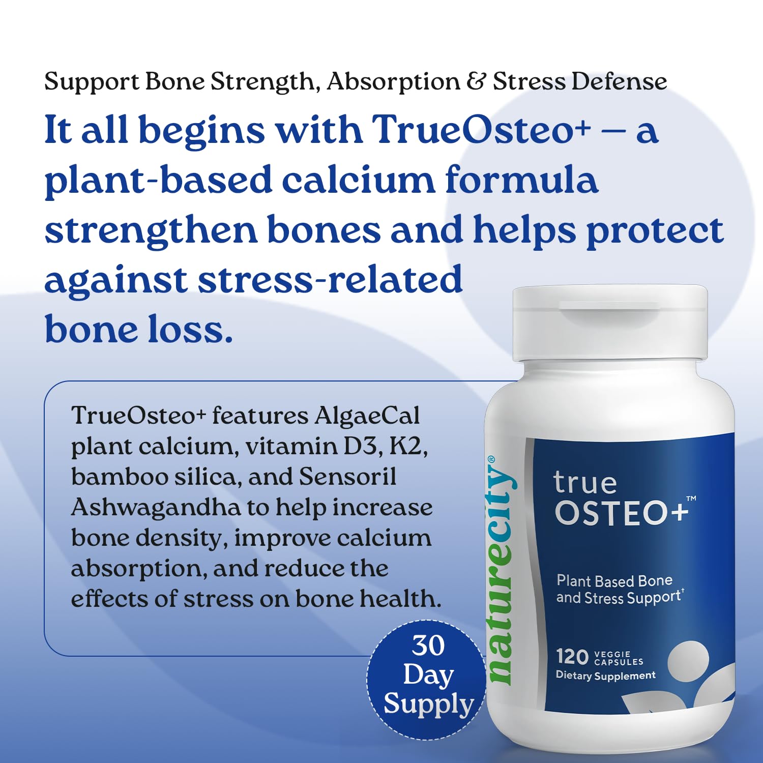 NatureCity TrueOsteo+ supplement bottle with label