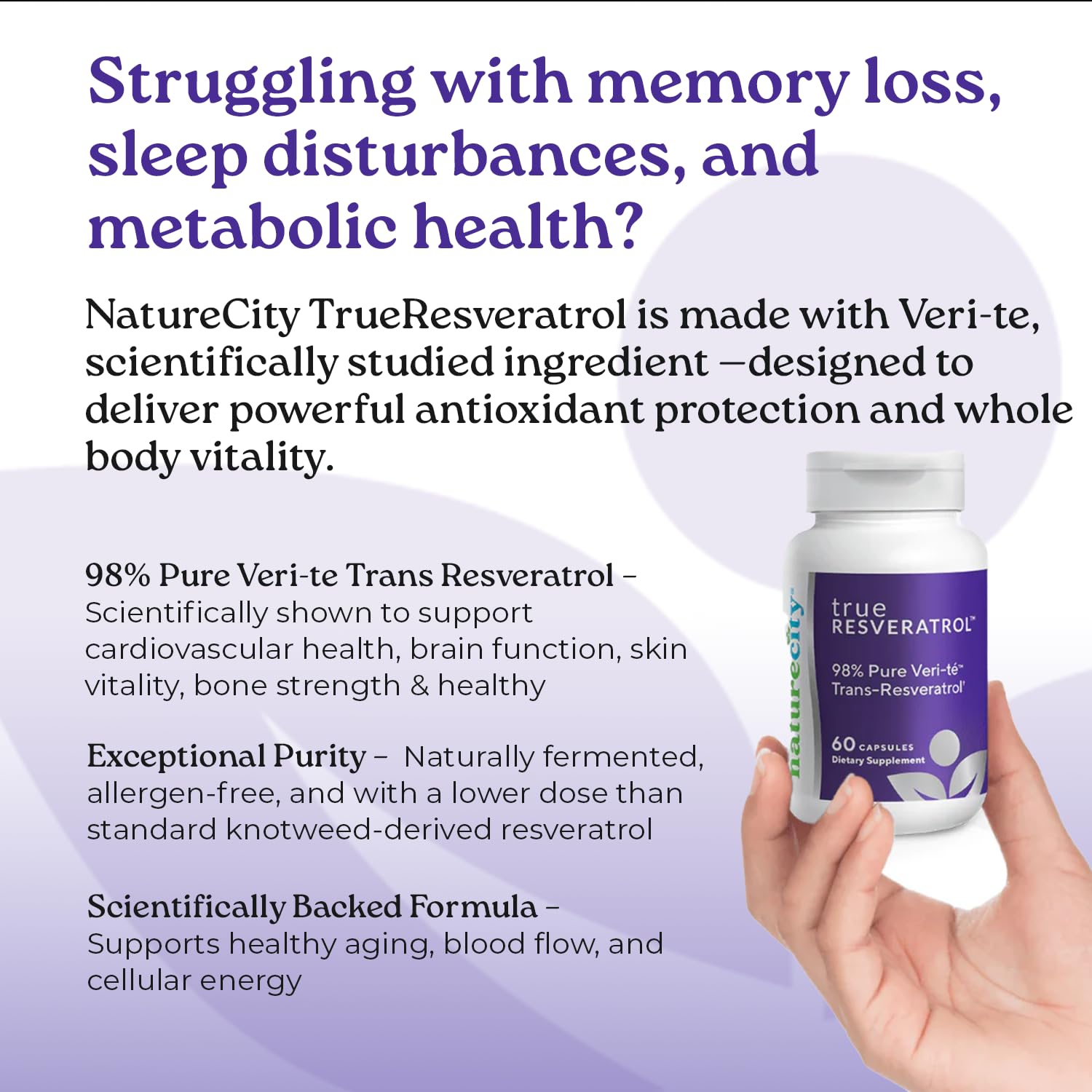 NatureCity TrueResveratrol supplement bottle with dosage information