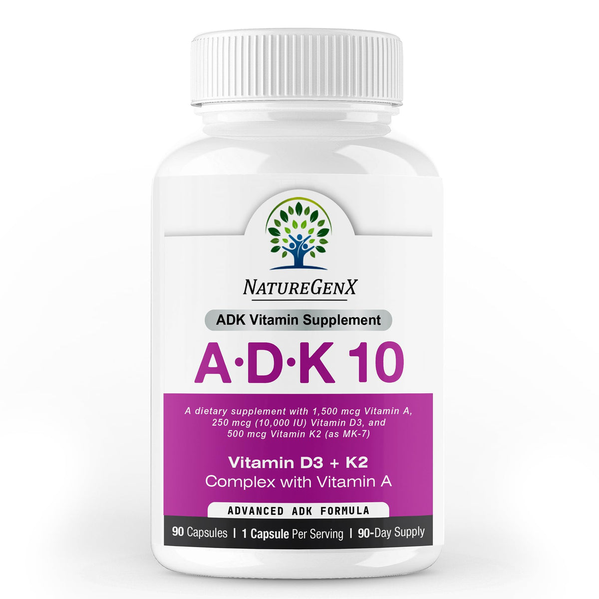 NatureGenX ADK 10 Vitamin D3 K2 A Supplement bottle front view