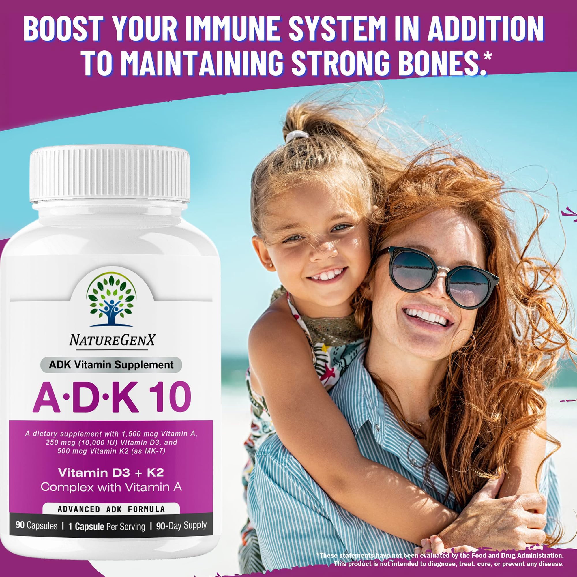 NatureGenX ADK 10 Vitamin D3 K2 A Supplement bottle side view