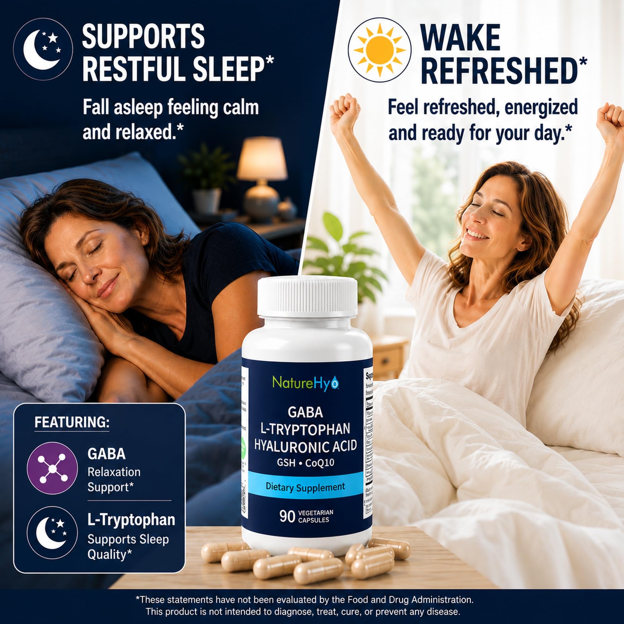 NatureHya GABA 600mg L-Tryptophan 180mg capsules on a table