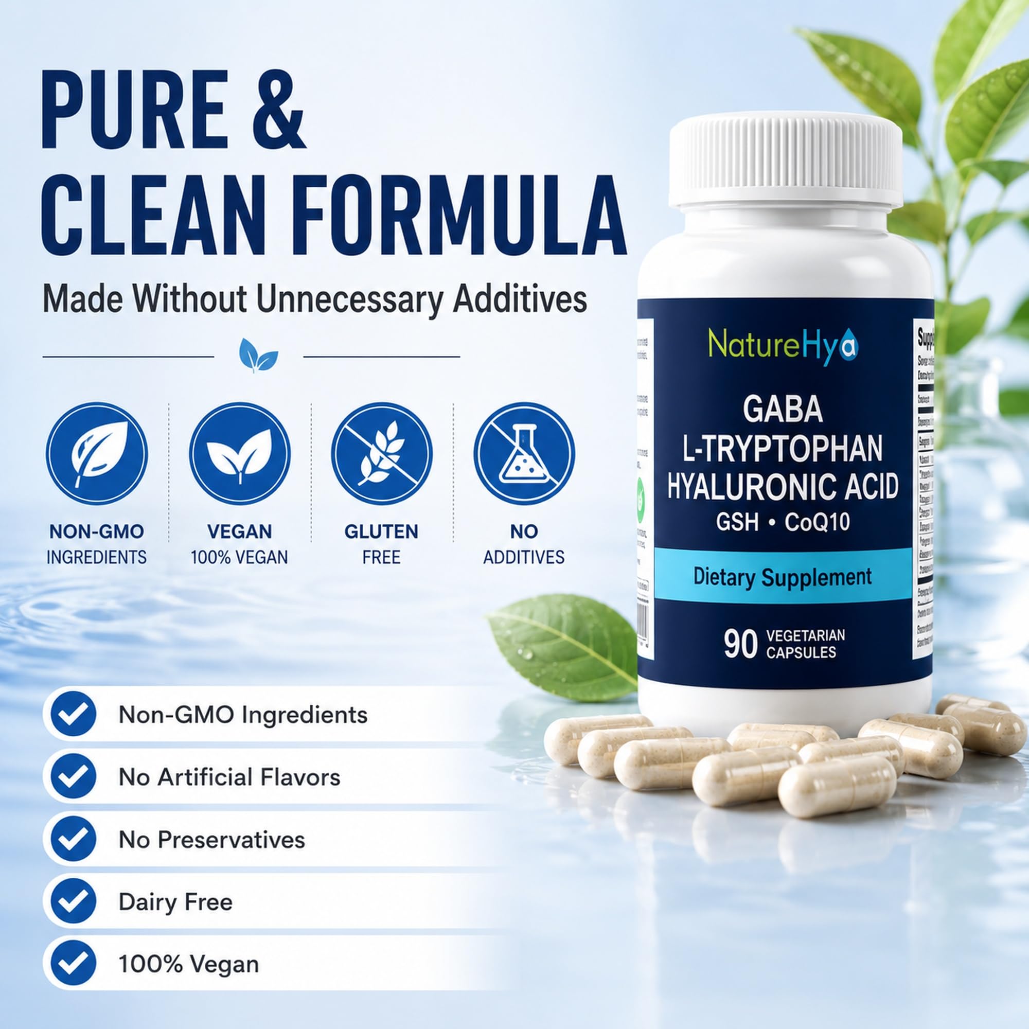 NatureHya GABA 600mg L-Tryptophan 180mg capsules with a glass of water