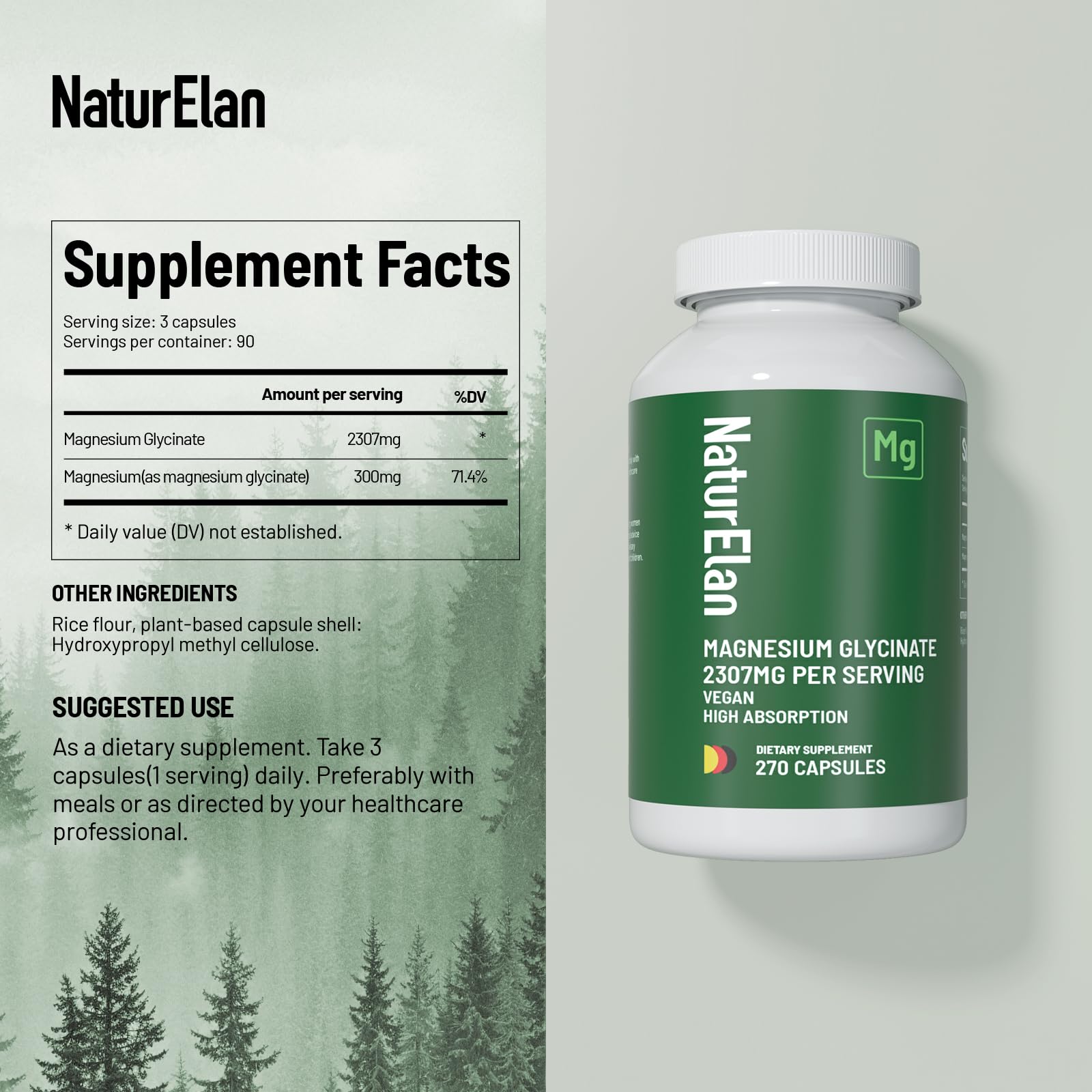 NaturElan Magnesium Glycinate 300mg Capsules back view