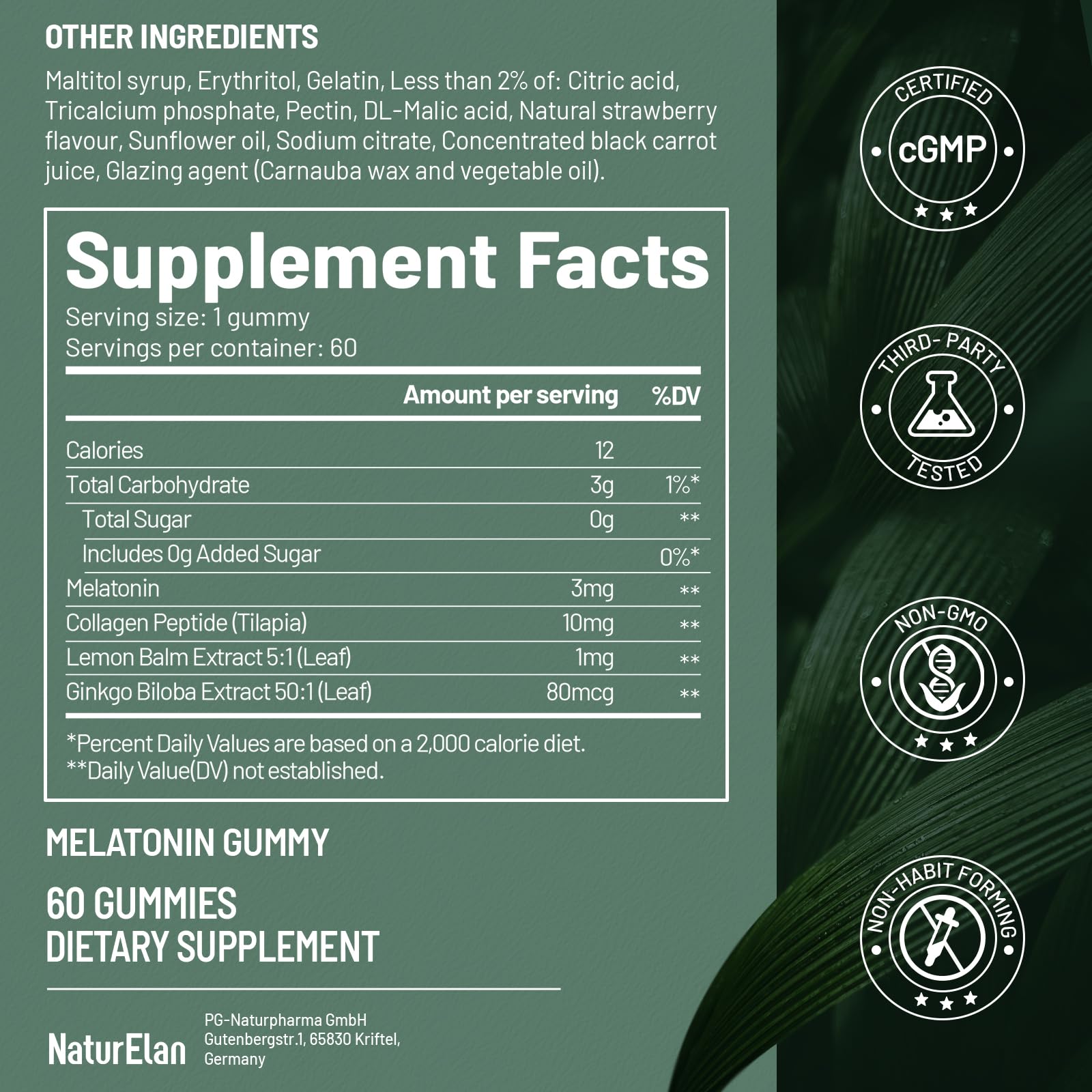 NaturElan Melatonin Gummies 3mg Strawberry gummies on a table