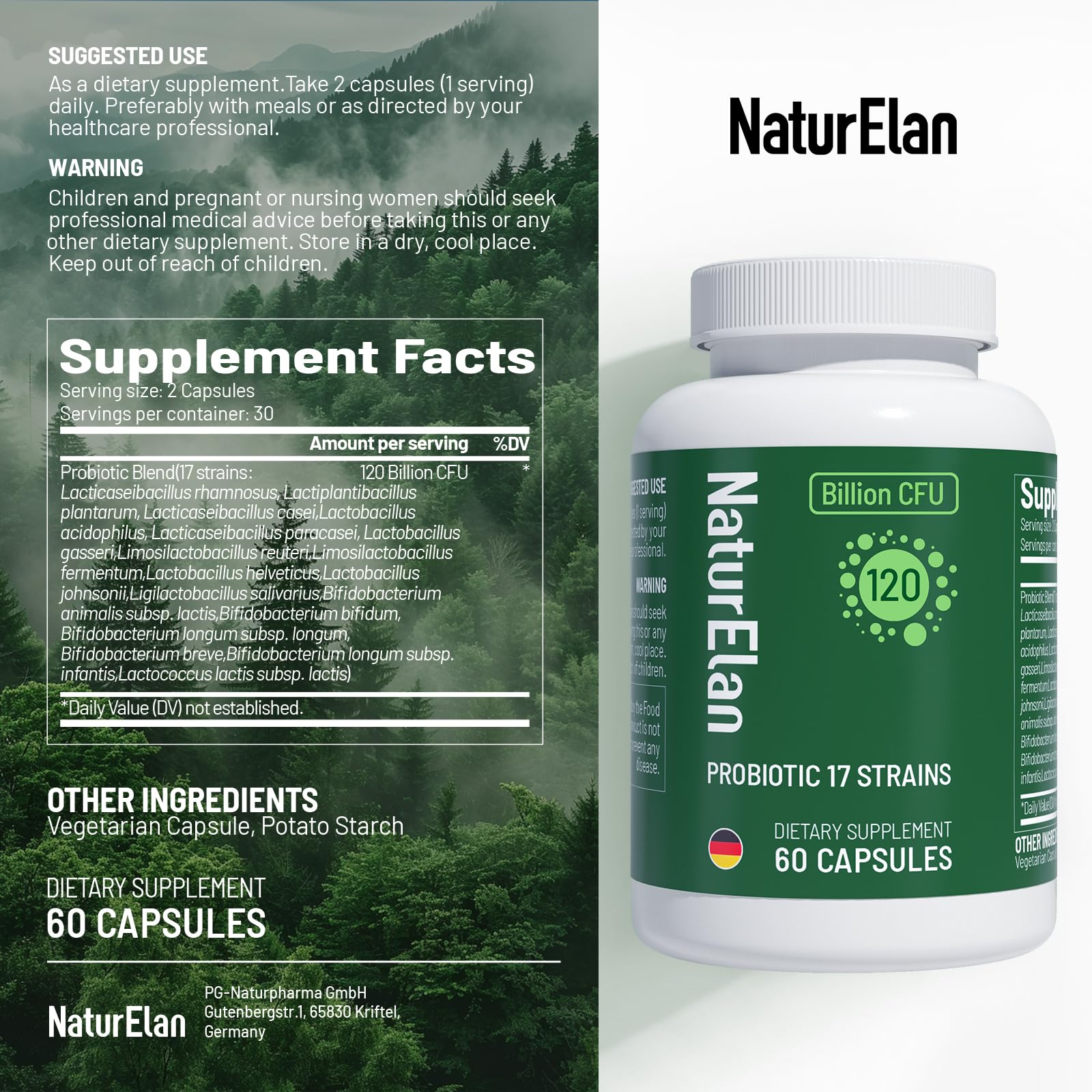 NaturElan Probiotic Capsules label highlighting 120 billion CFU