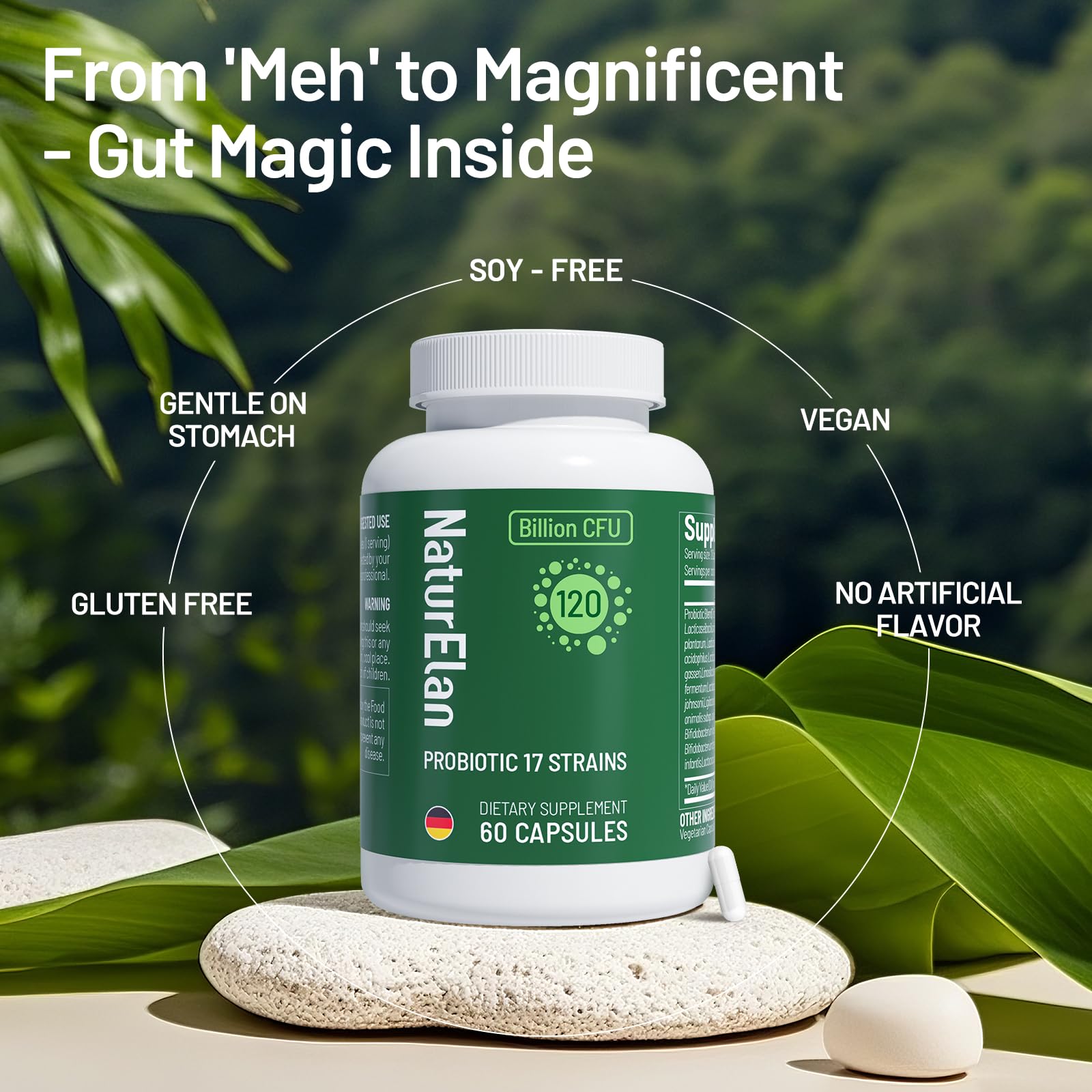 NaturElan Probiotic Capsules on a wooden surface