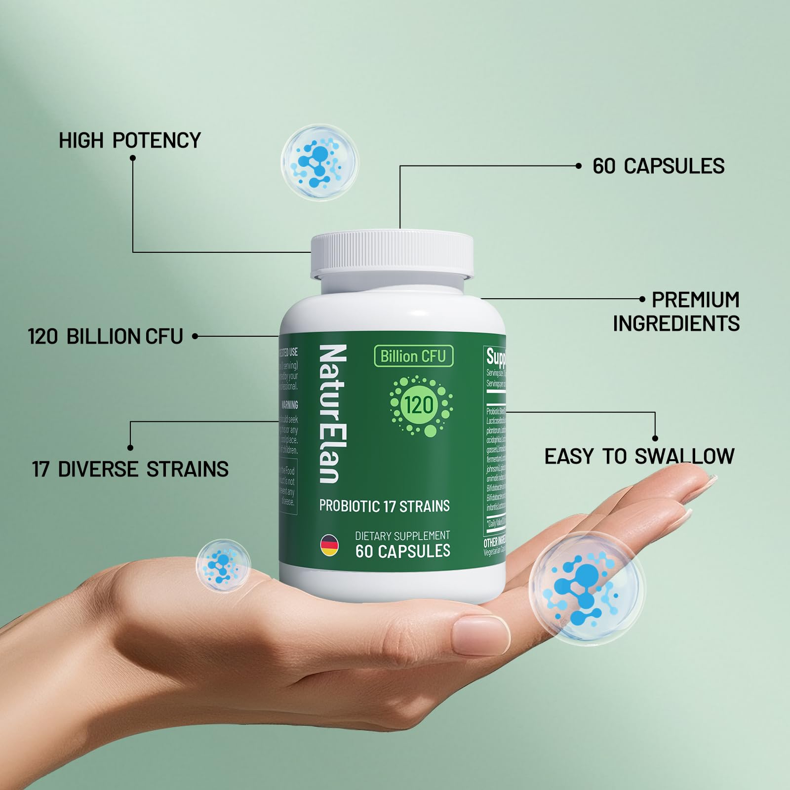 NaturElan Probiotic Capsules open bottle with capsules visible