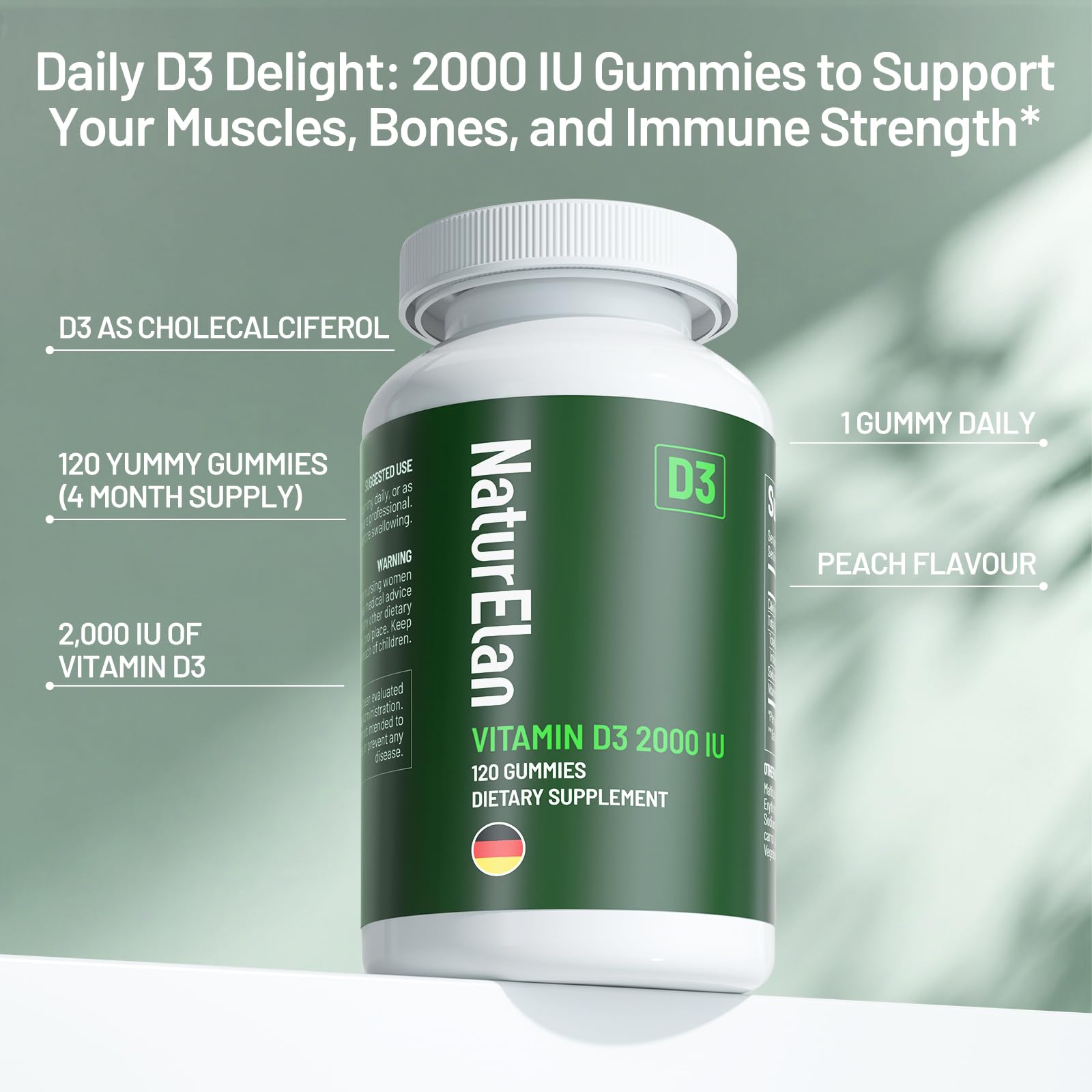 NaturElan Vitamin D3 Gummies bottle side view
