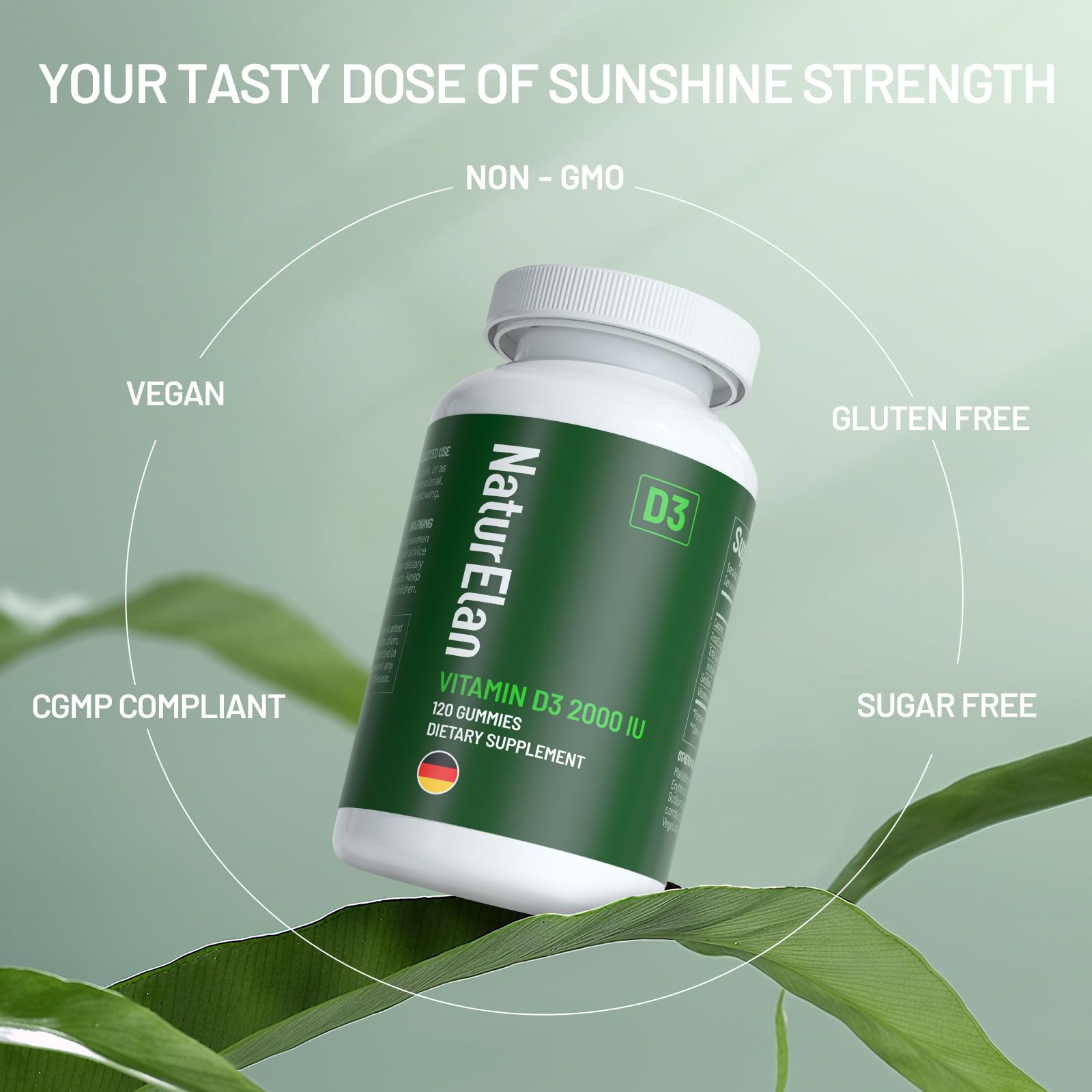 NaturElan Vitamin D3 Gummies on a wooden table with fresh peaches