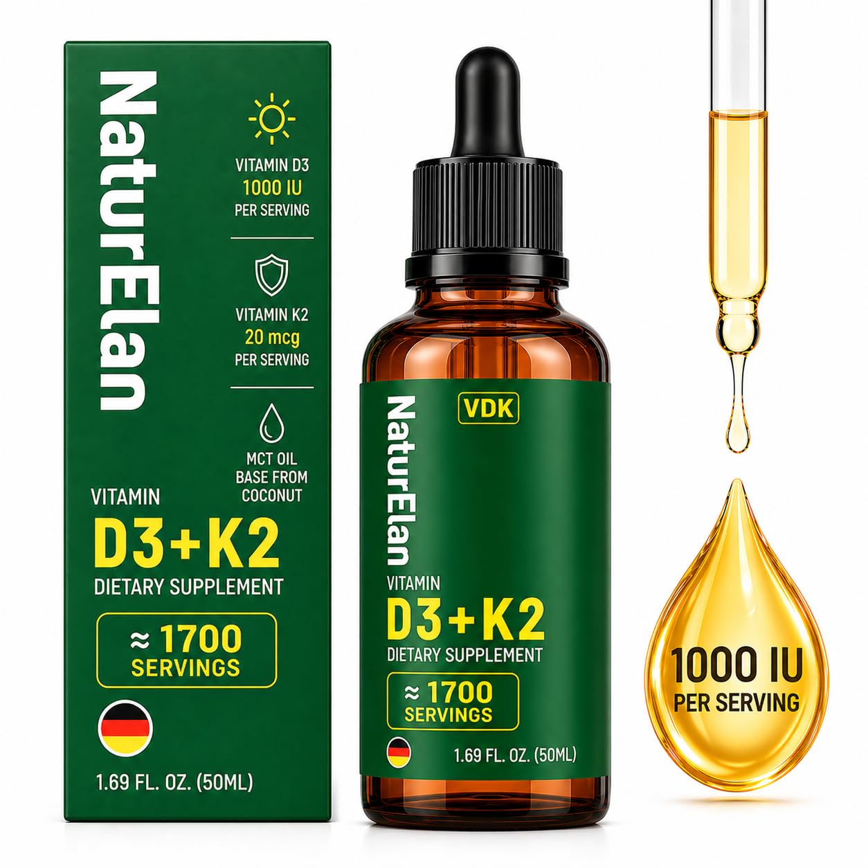 NaturElan Vitamin D3 K2 Drops 1000 IU 20 mcg MK-7 front view