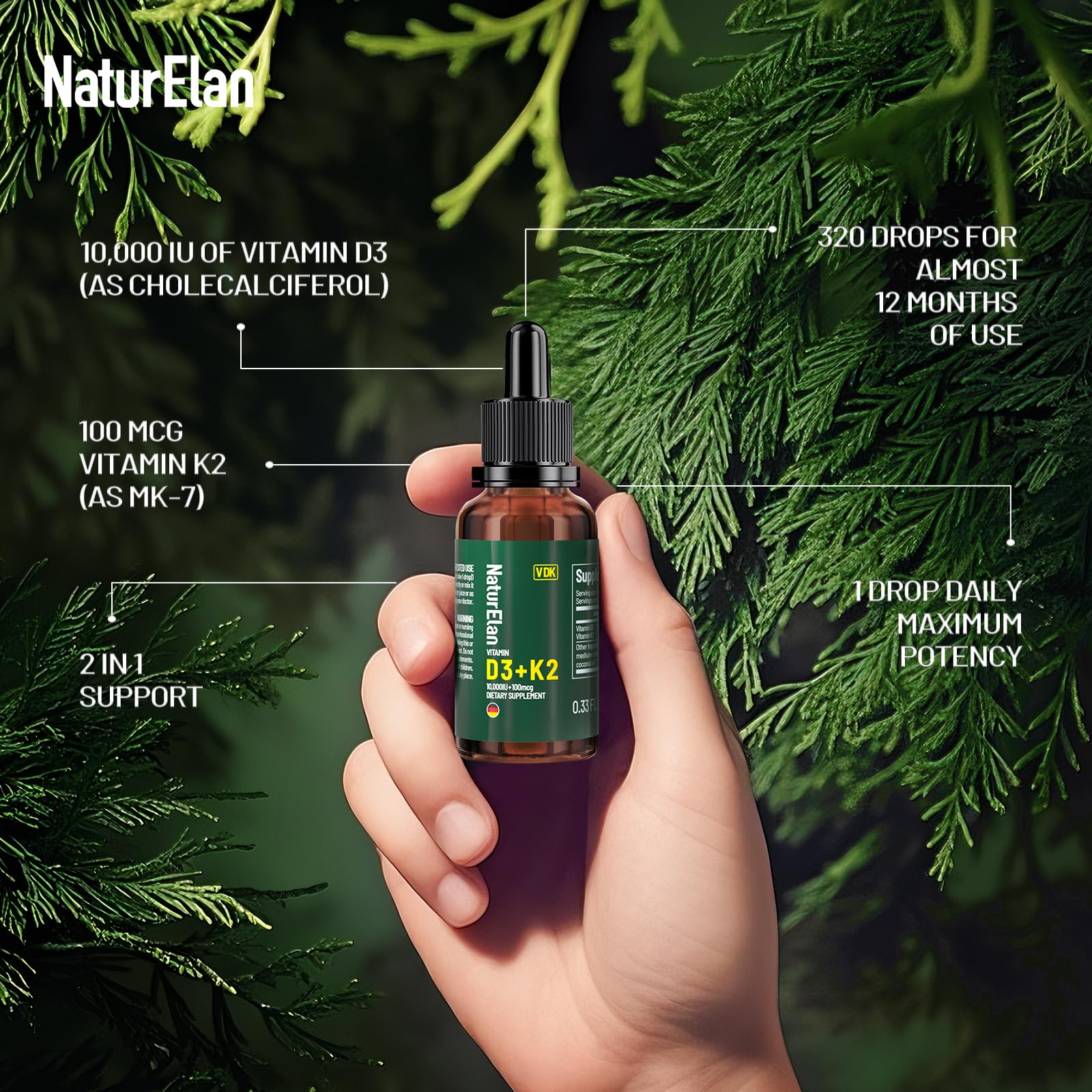 NaturElan Vitamin D3 & K2 Drops dropper close-up