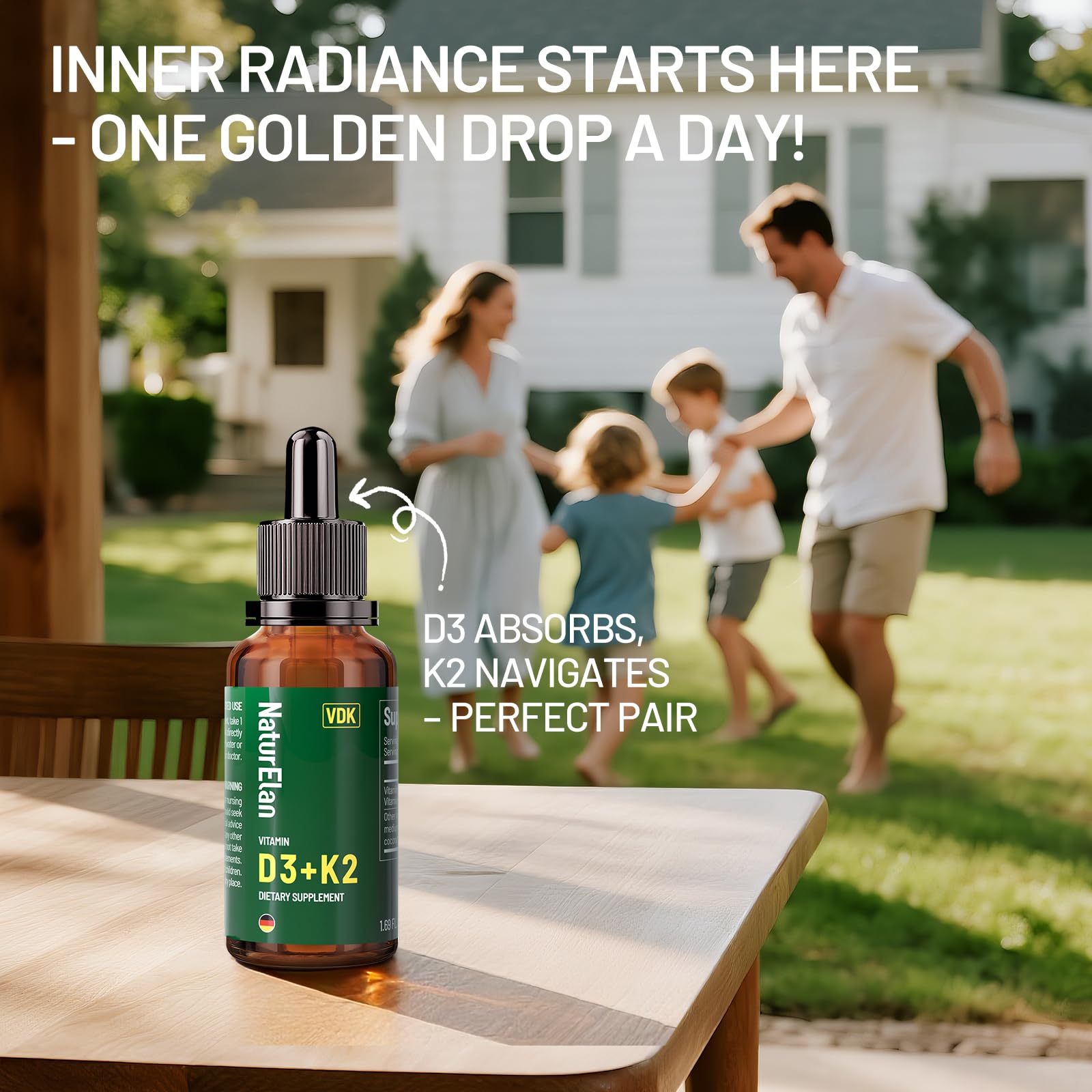NaturElan Vitamin D3 K2 Drops lifestyle scene with family