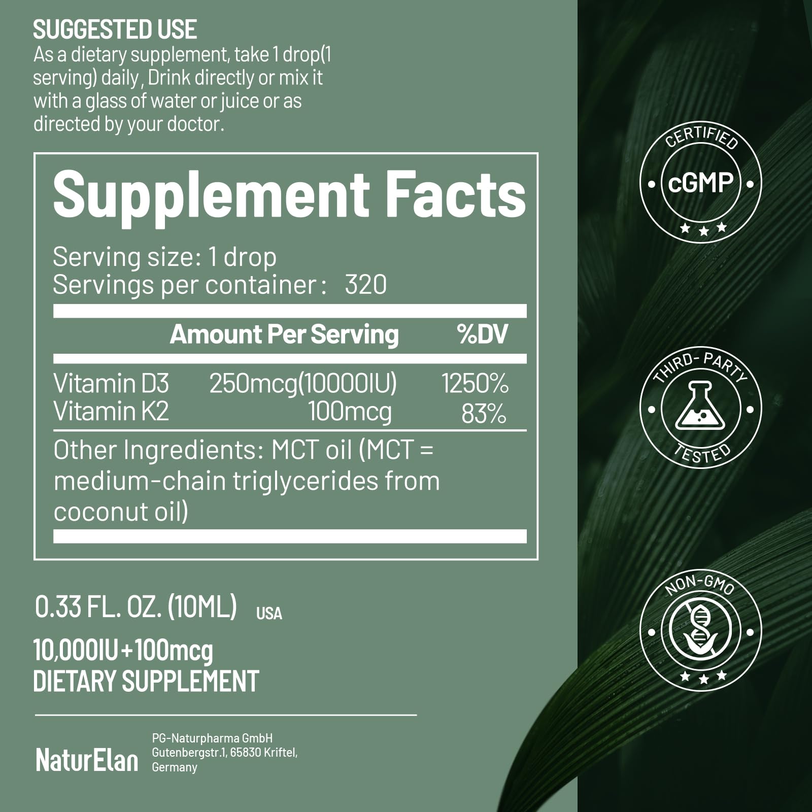 NaturElan Vitamin D3 & K2 Drops on a kitchen counter