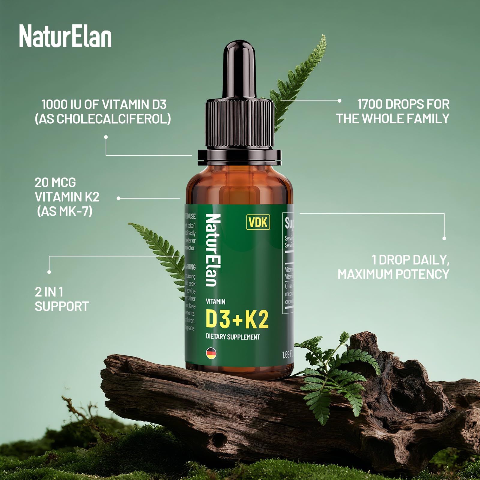 NaturElan Vitamin D3 K2 Drops with dropper close-up