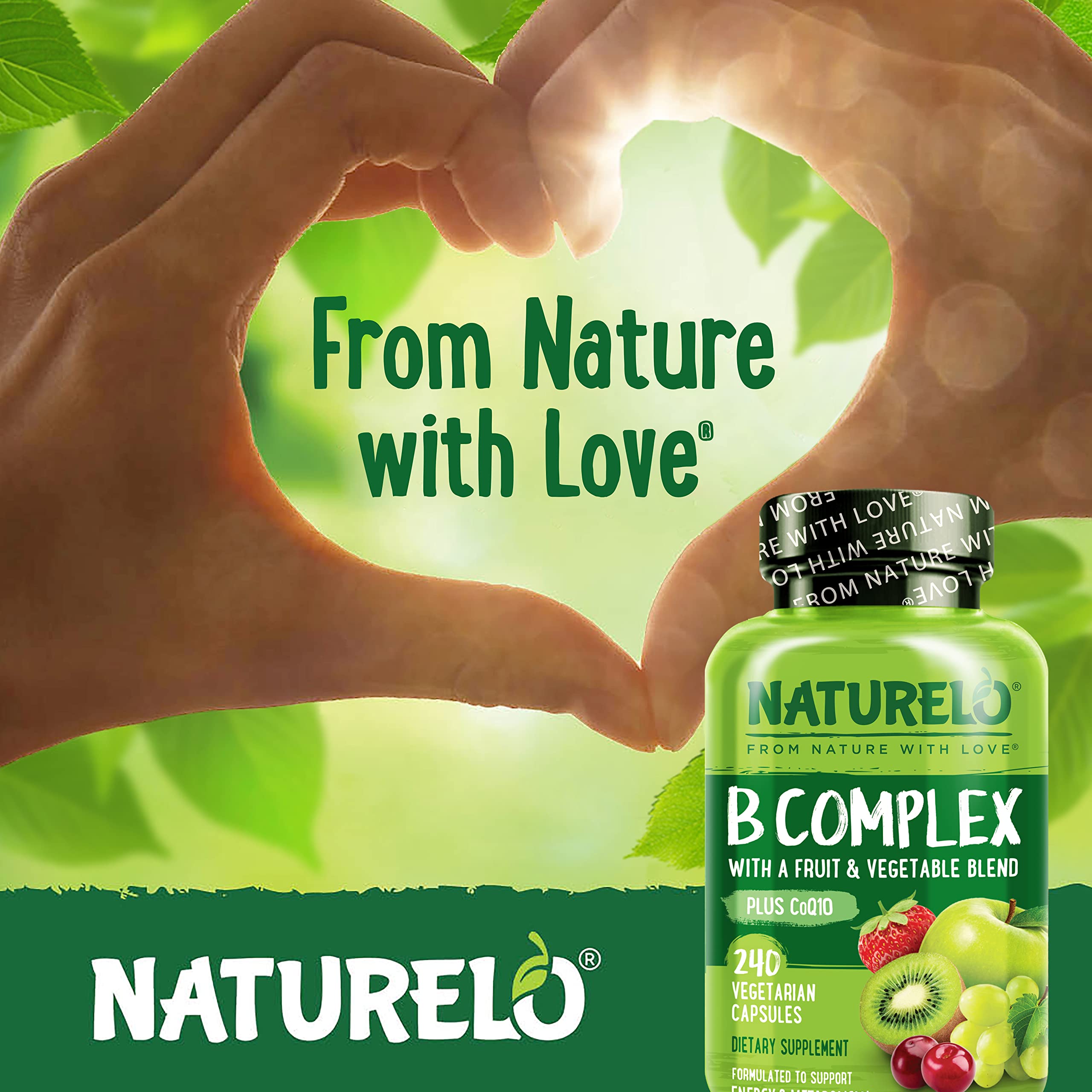 NATURELO B-Complex Complete Vitamin Supplement 60 Capsules in a kitchen setting