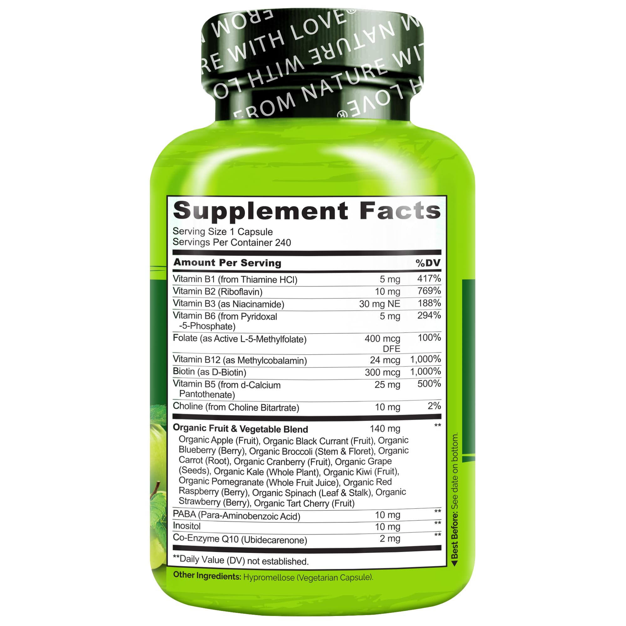 NATURELO B-Complex Complete Vitamin Supplement 60 Capsules with a glass of water
