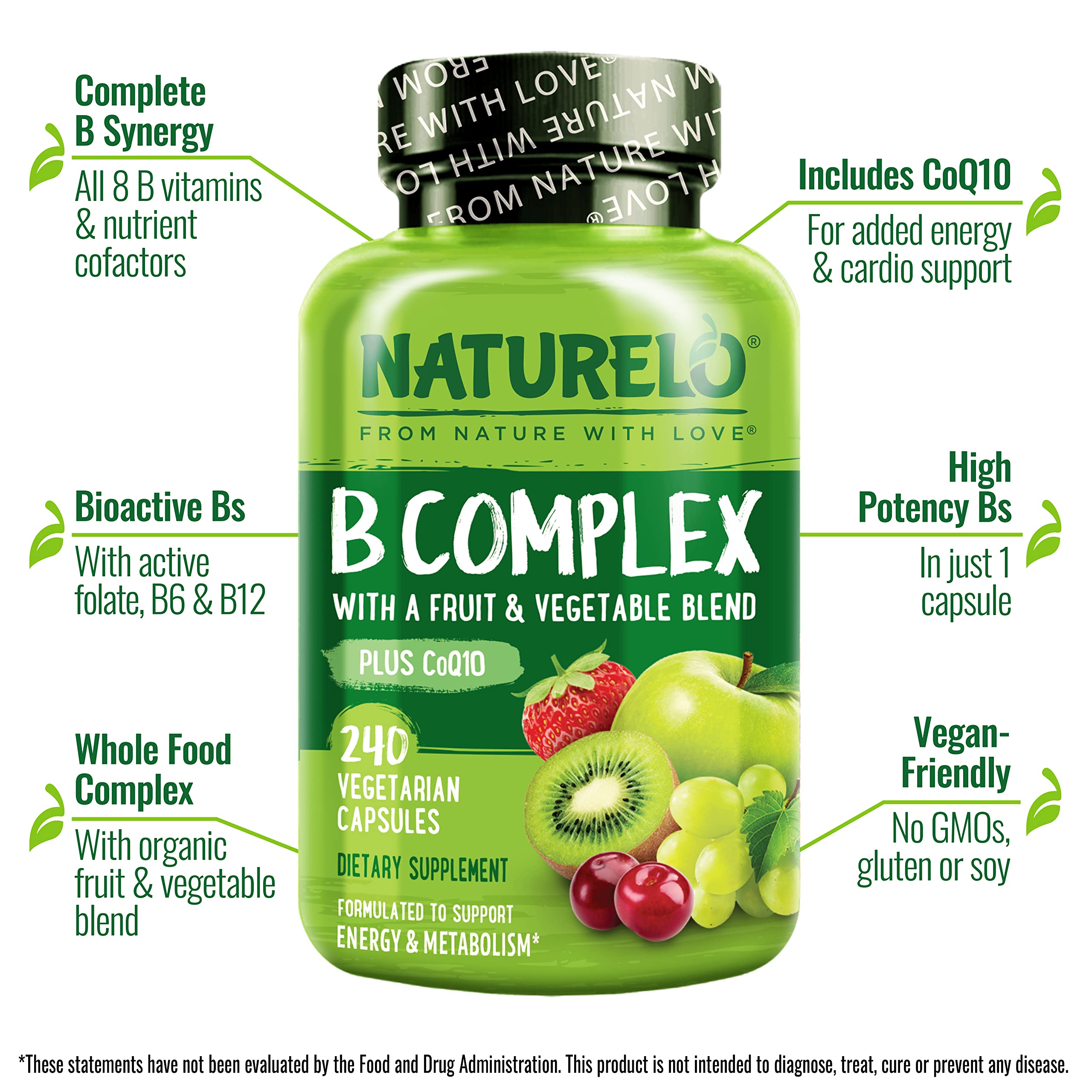 NATURELO B-Complex Complete Vitamin Supplement 60 Capsules with organic fruits