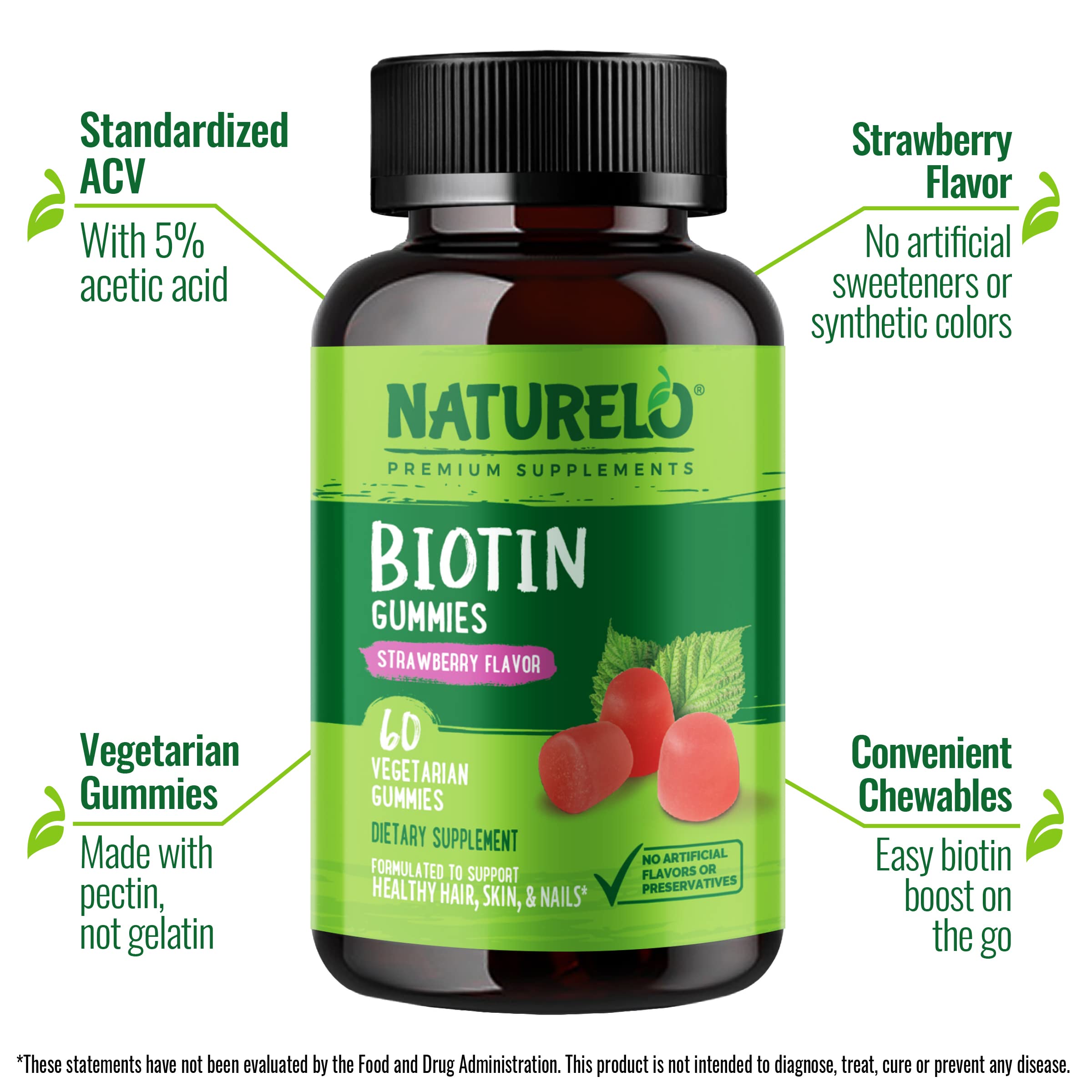 NATURELO Biotin Gummies packaging with natural strawberry flavour