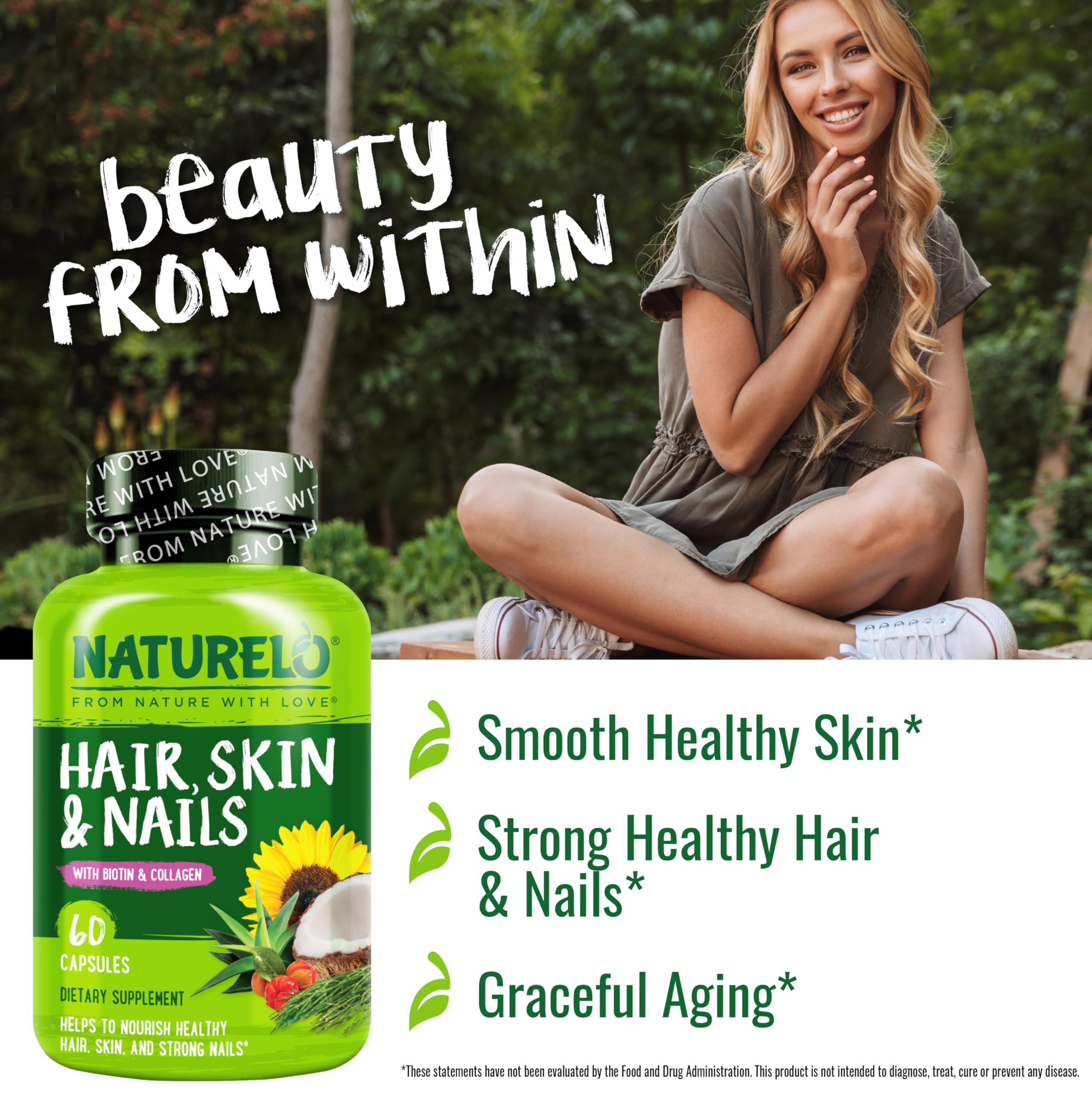 NATURELO Biotin Hair, Skin & Nails Vitamins 80g opened with capsules