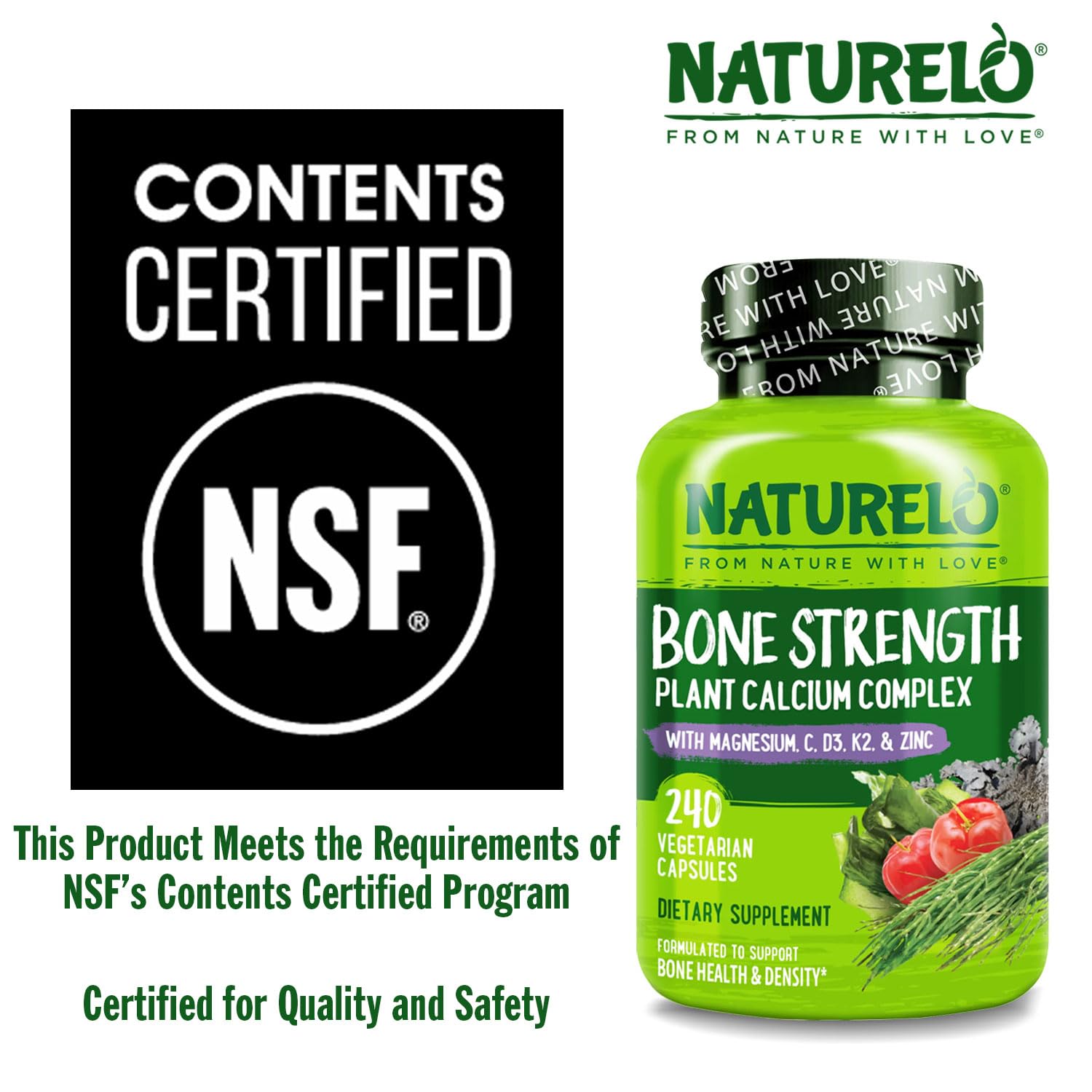 NATURELO Bone Strength supplement on a wooden table