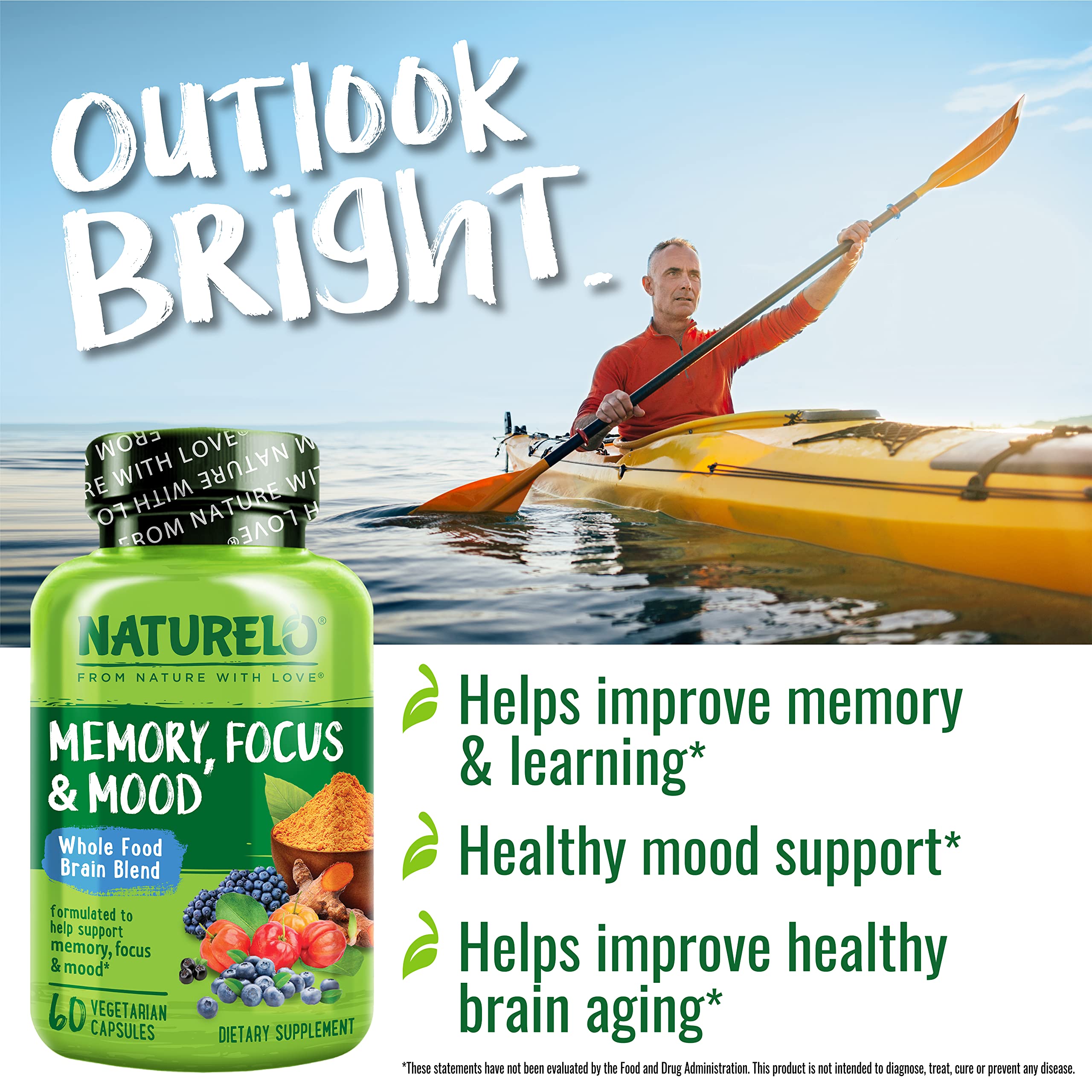 NATURELO Brain Blend Memory Supplement capsules on a table