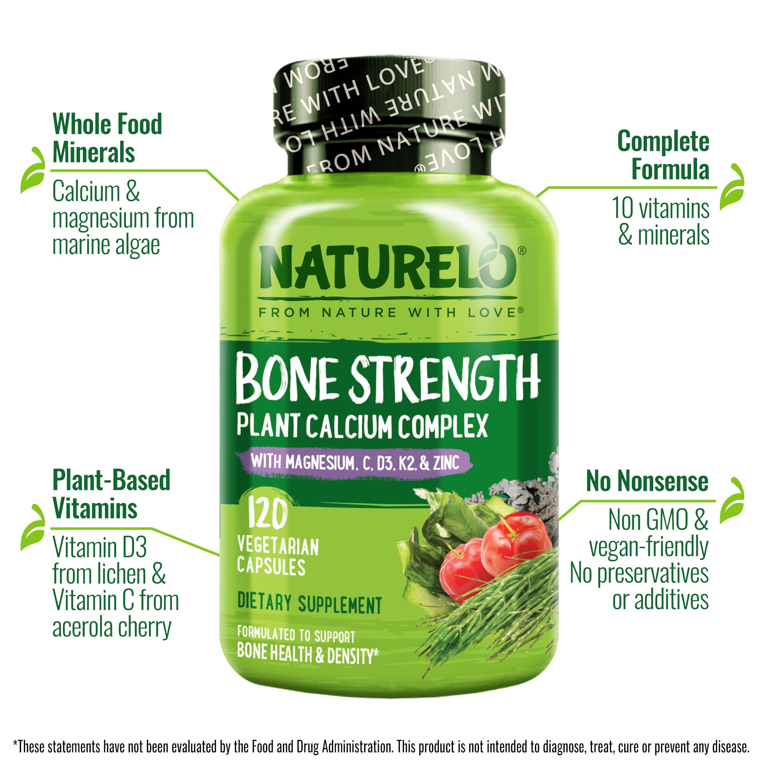 NATURELO Calcium Magnesium Zinc D3 Supplement bottle side view