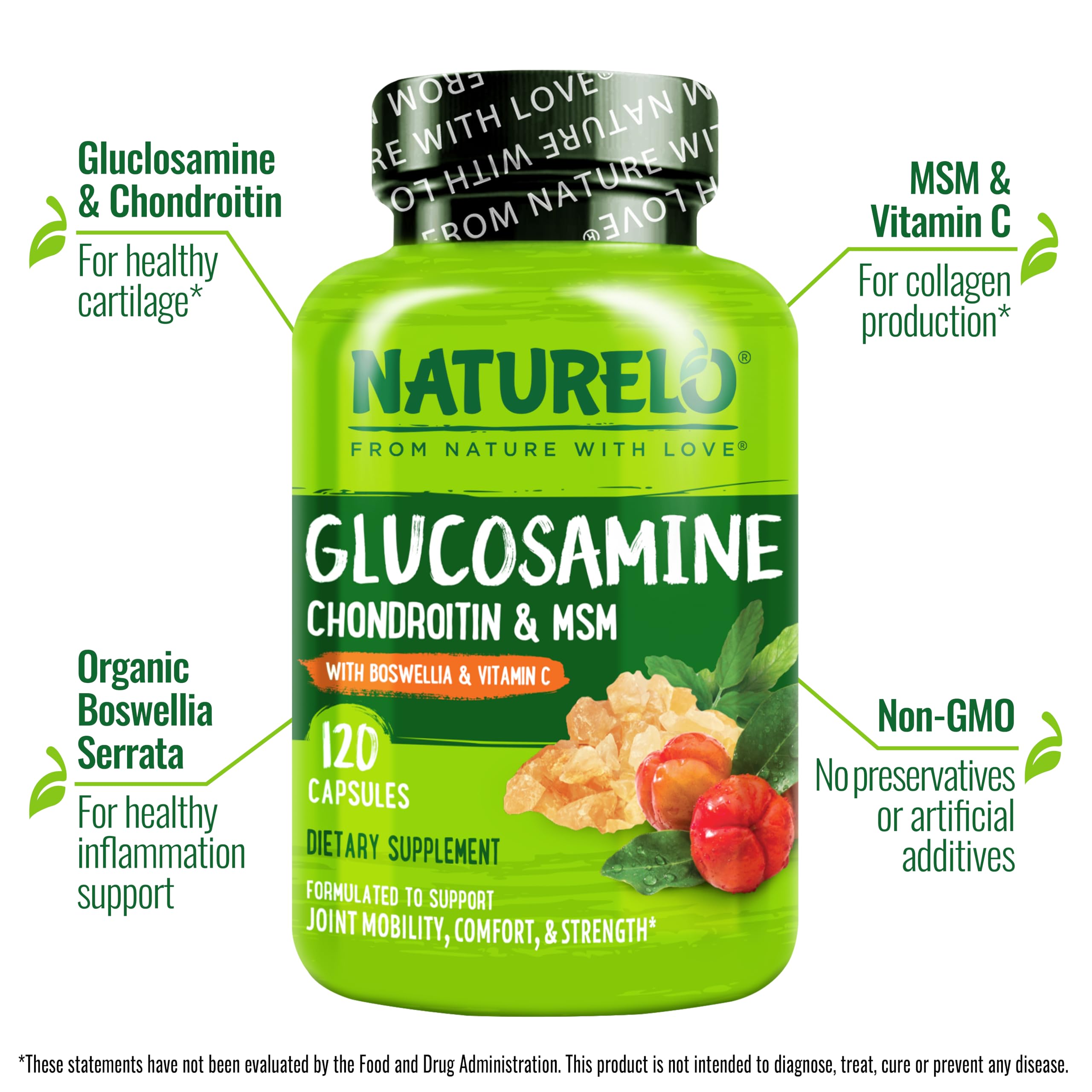 NATURELO Chondroitin Glucosamine MSM supplement bottle side view