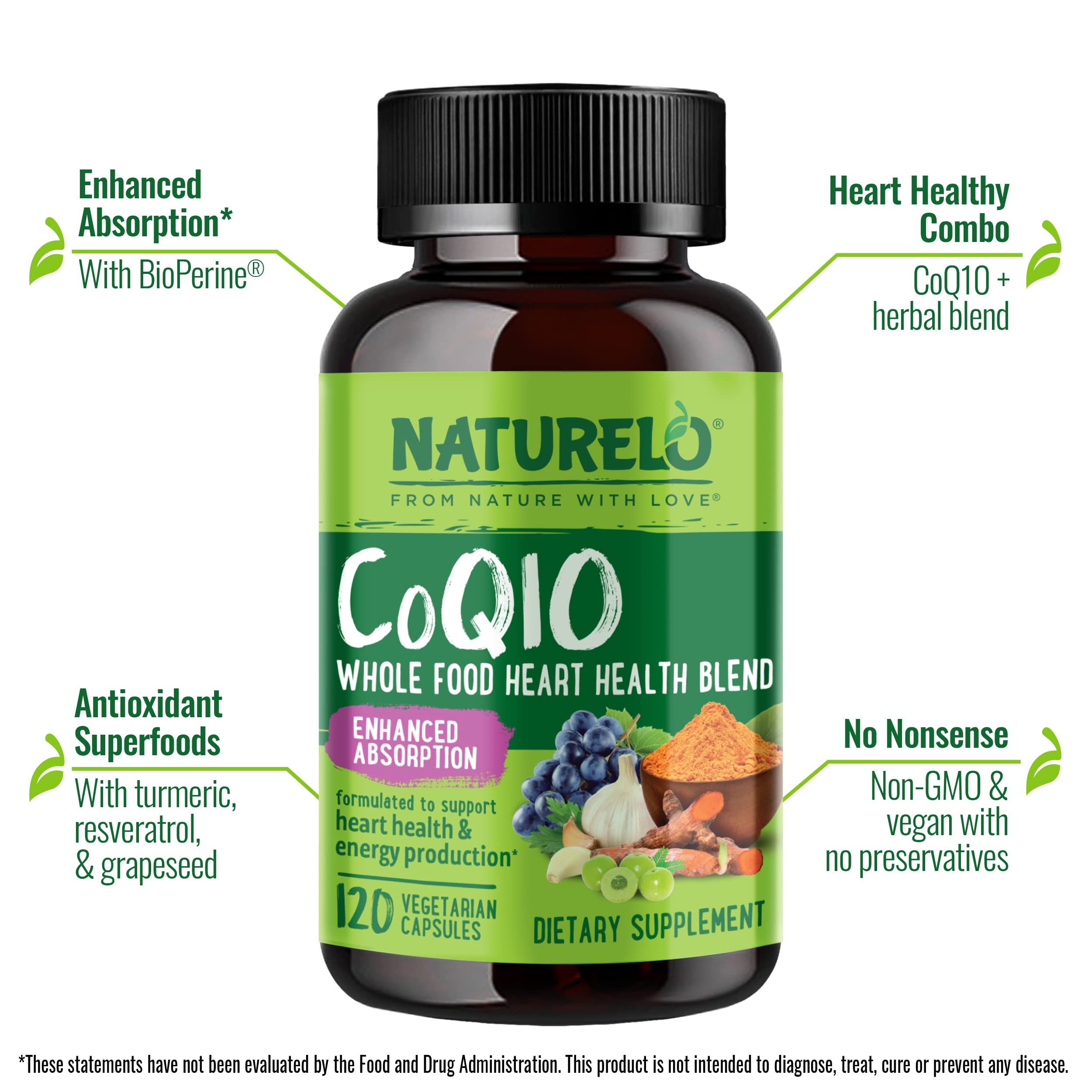 NATURELO CoQ10 Antioxidant Supplement capsules on a table