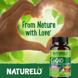 NATURELO CoQ10 Supplement 50g opened bottle showing capsules