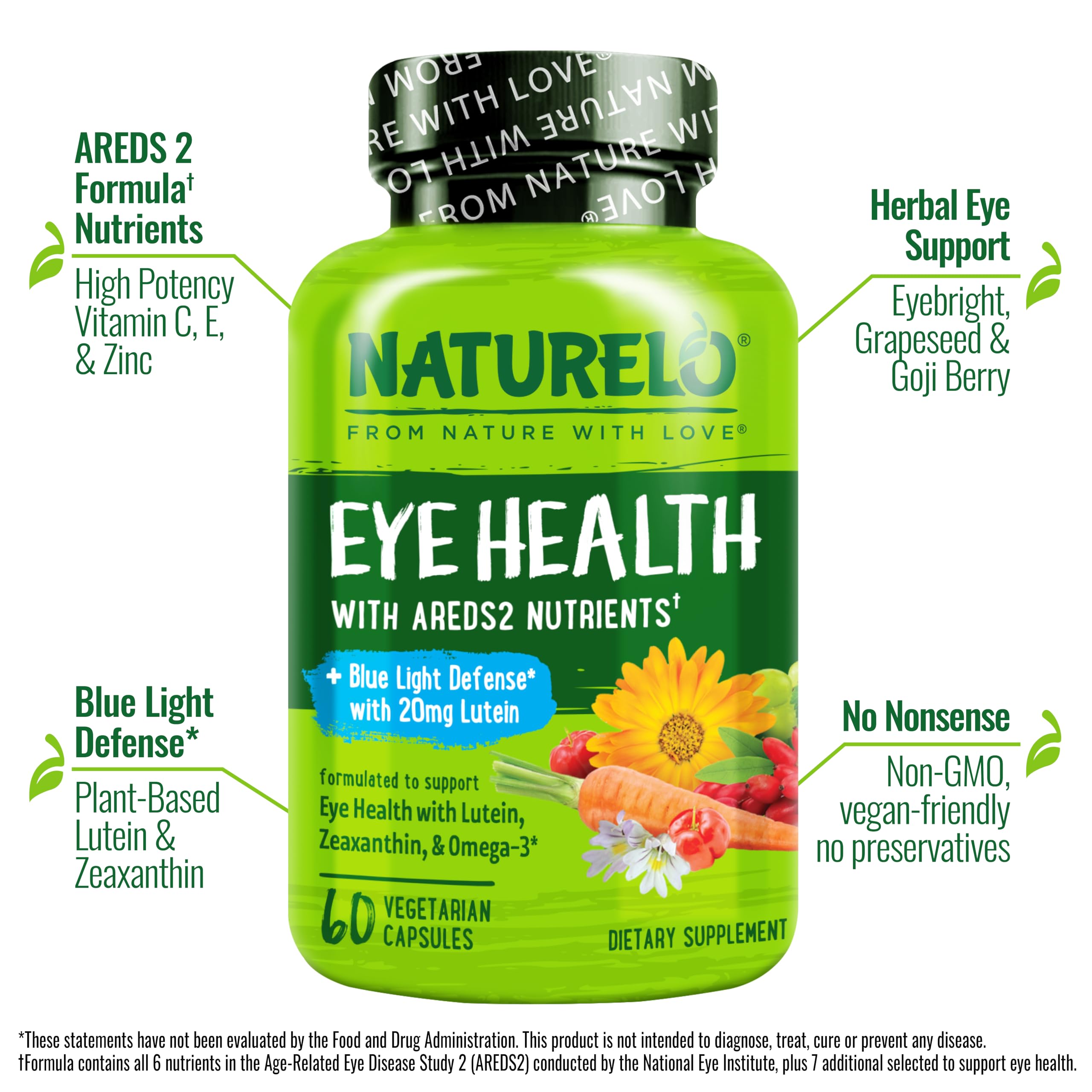 NATURELO Eye Health Formula capsules in a bowl