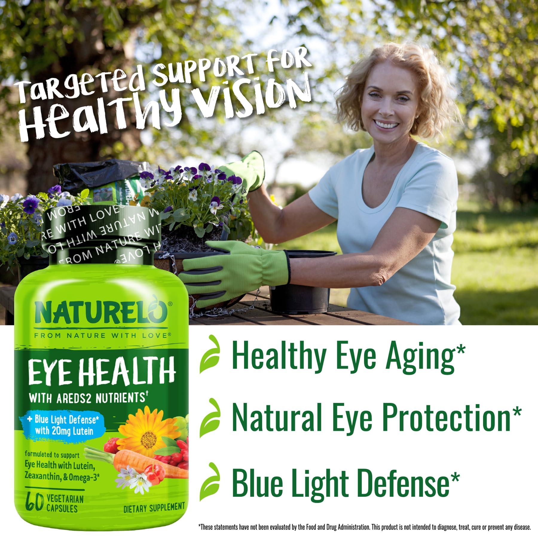 NATURELO Eye Health Formula capsules on a wooden surface