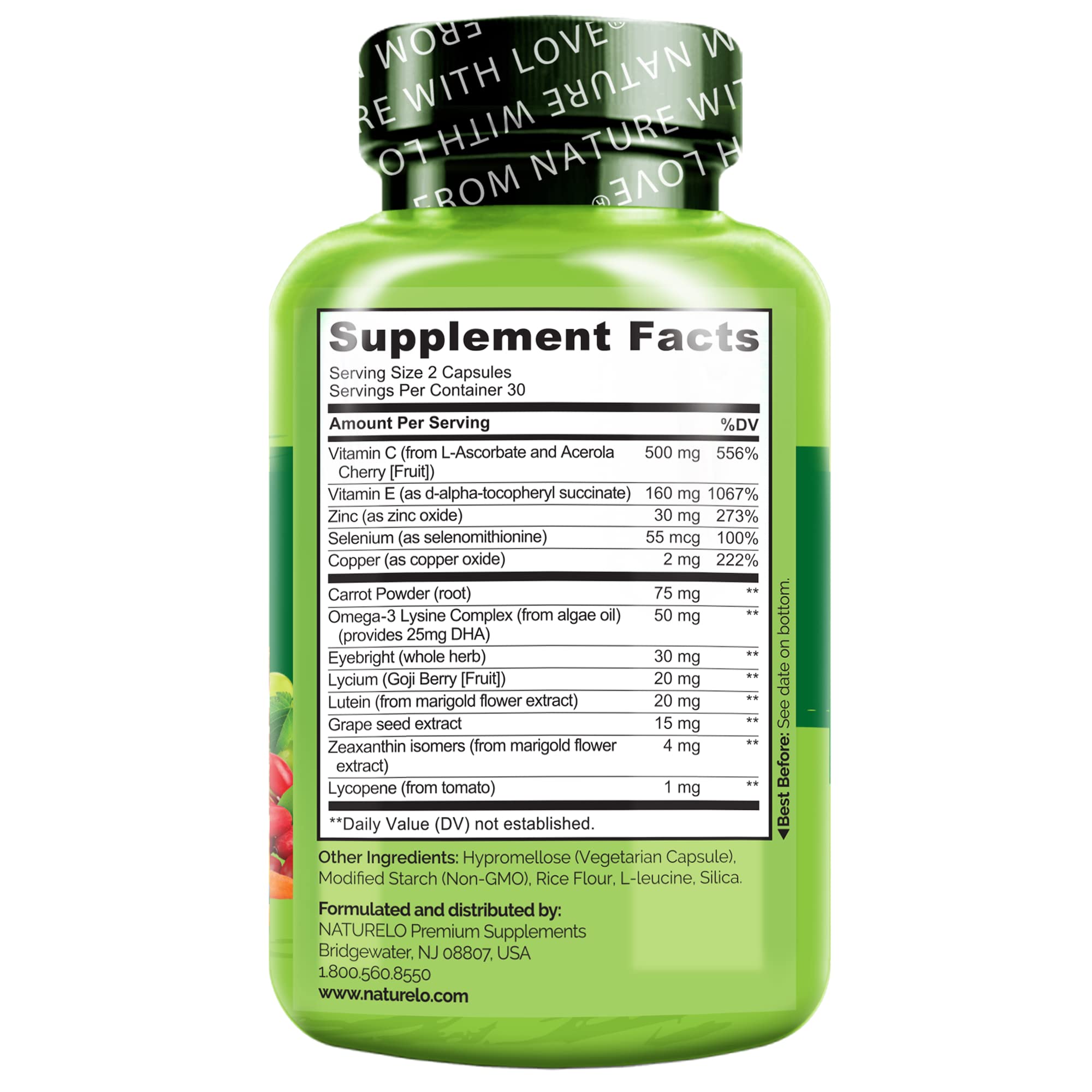 NATURELO Eye Health Formula showing the back of the bottle