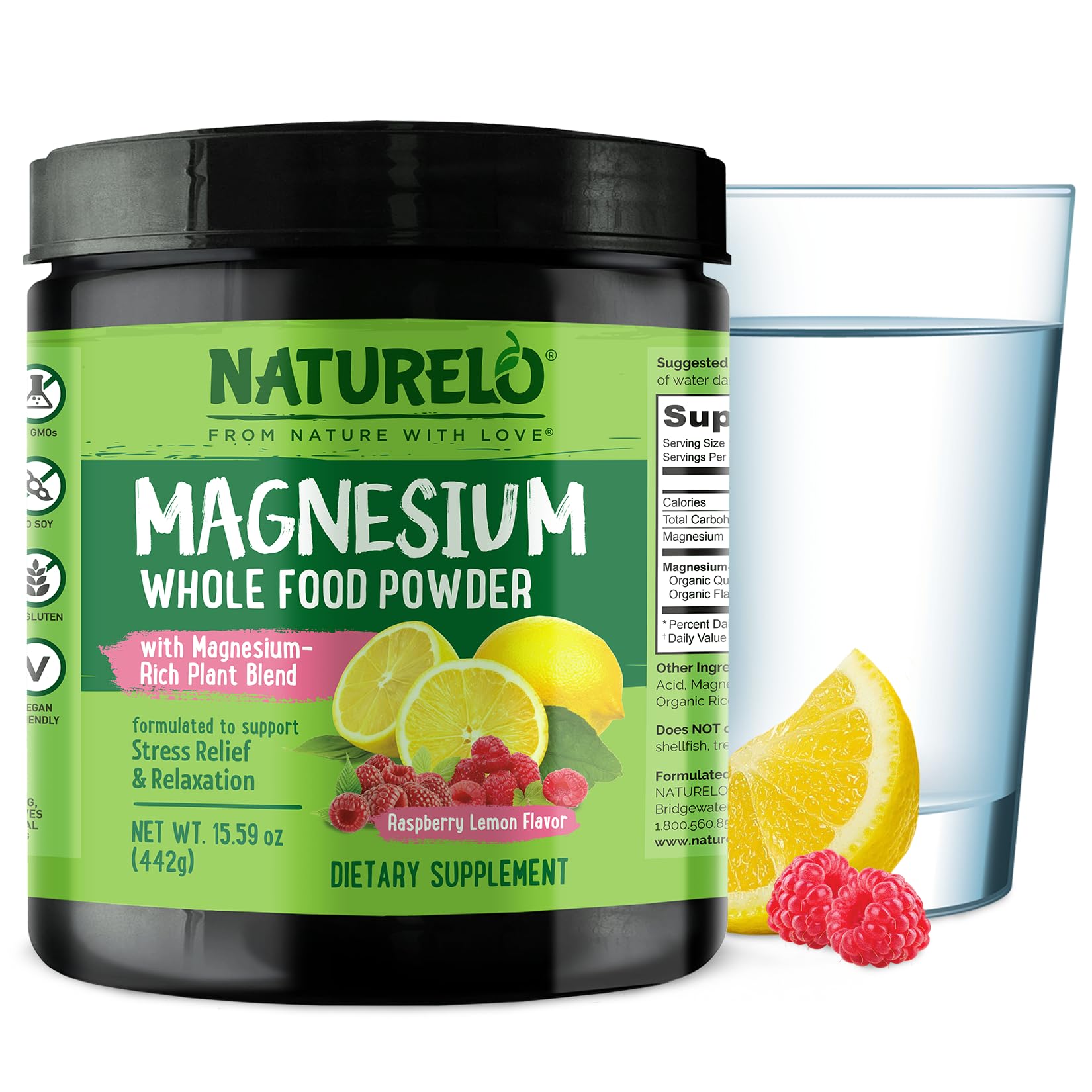 NATURELO Magnesium Citrate Powder 350mg Raspberry Lemonade front view