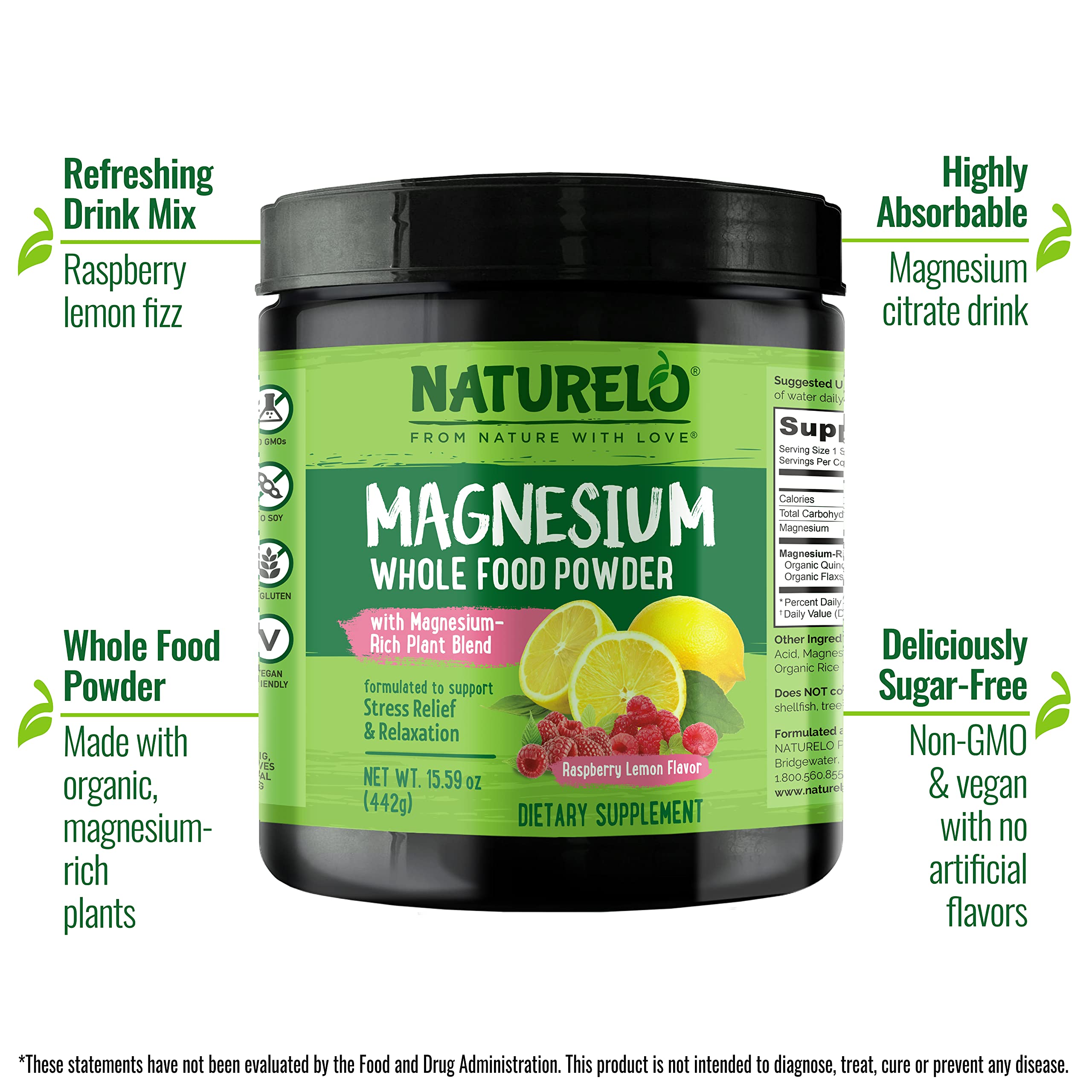 NATURELO Magnesium Citrate Powder packaging with nutritional information