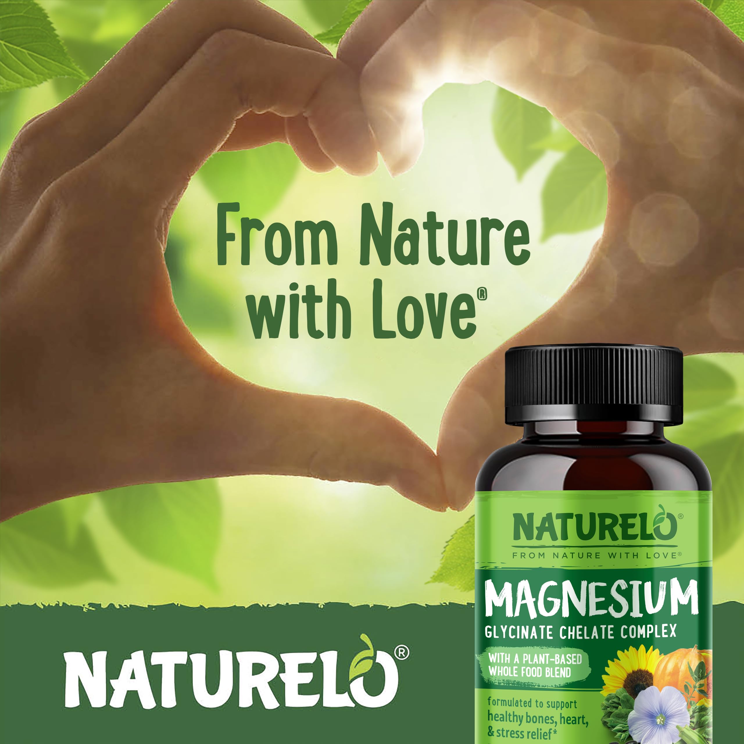 NATURELO Magnesium Glycinate Chelate 200mg supplement with organic vegetables