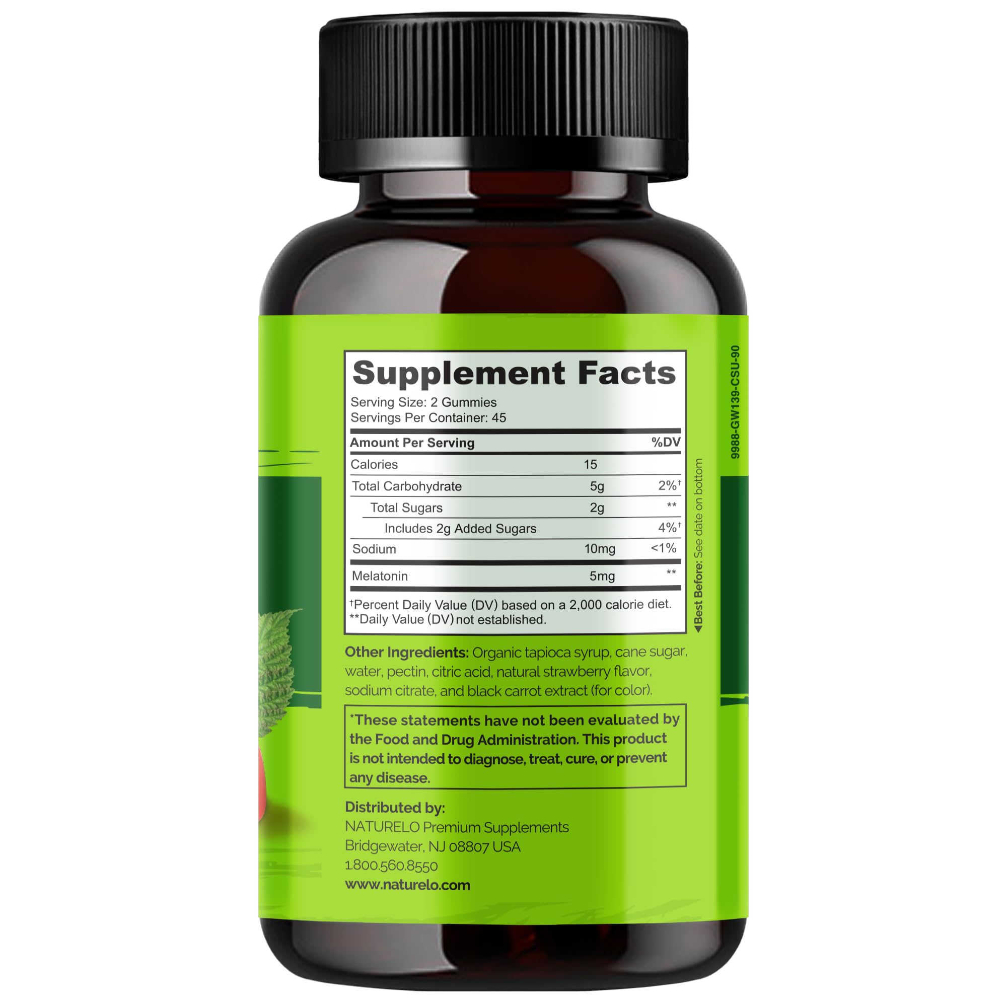 NATURELO Melatonin Gummies bottle with a soft focus background