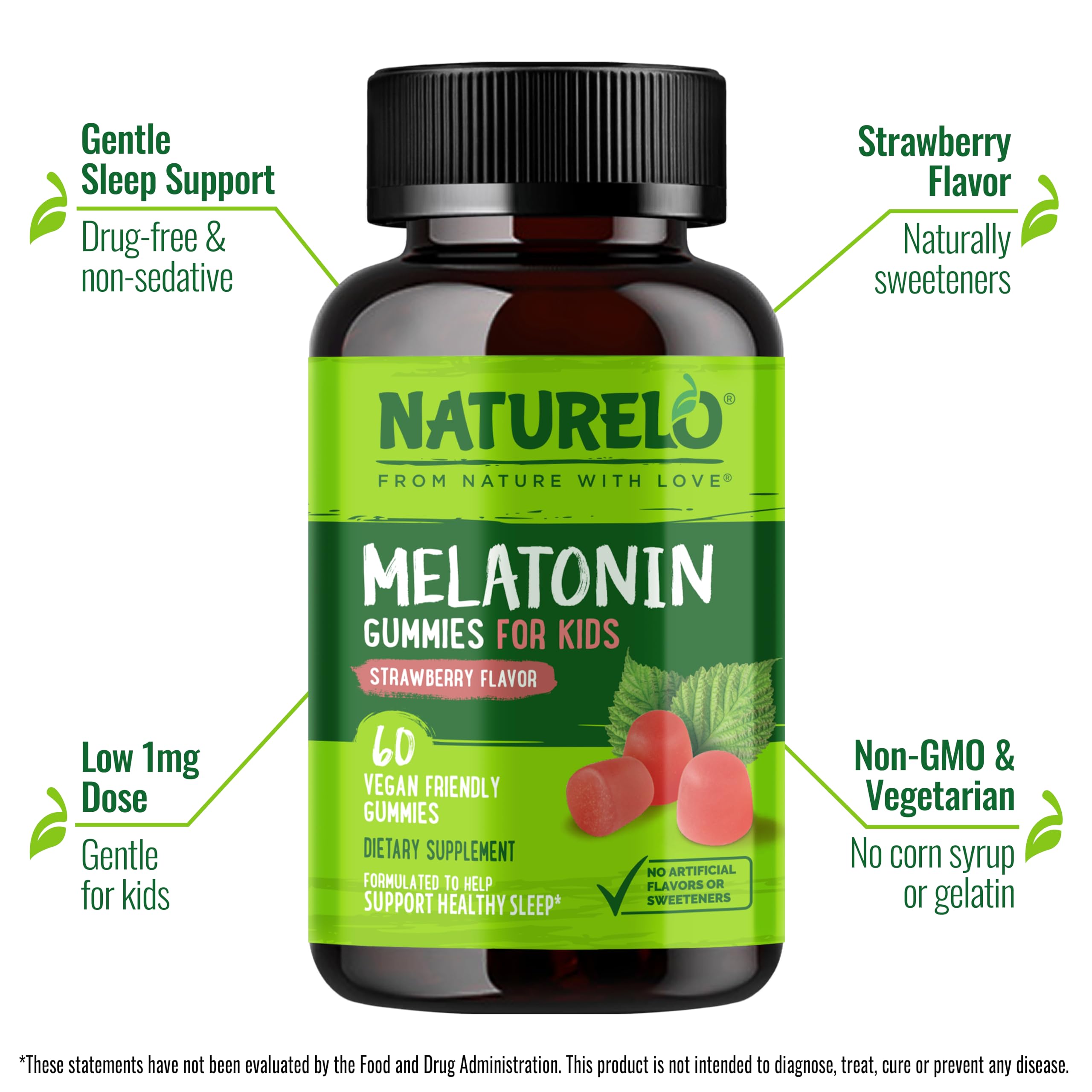 NATURELO Melatonin Sleep Gummies for Kids packaging side view
