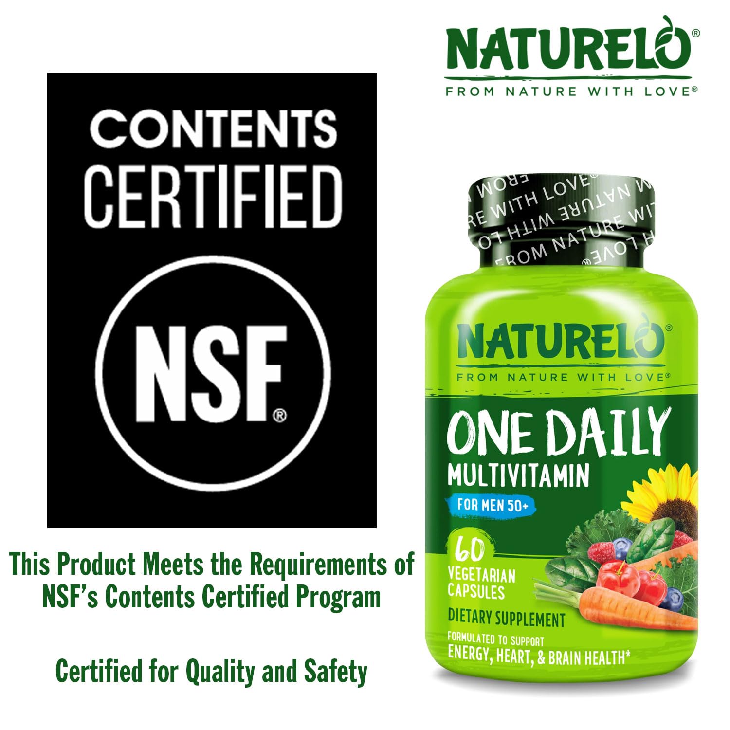 NATURELO Multivitamins for Men opened bottle showing capsules