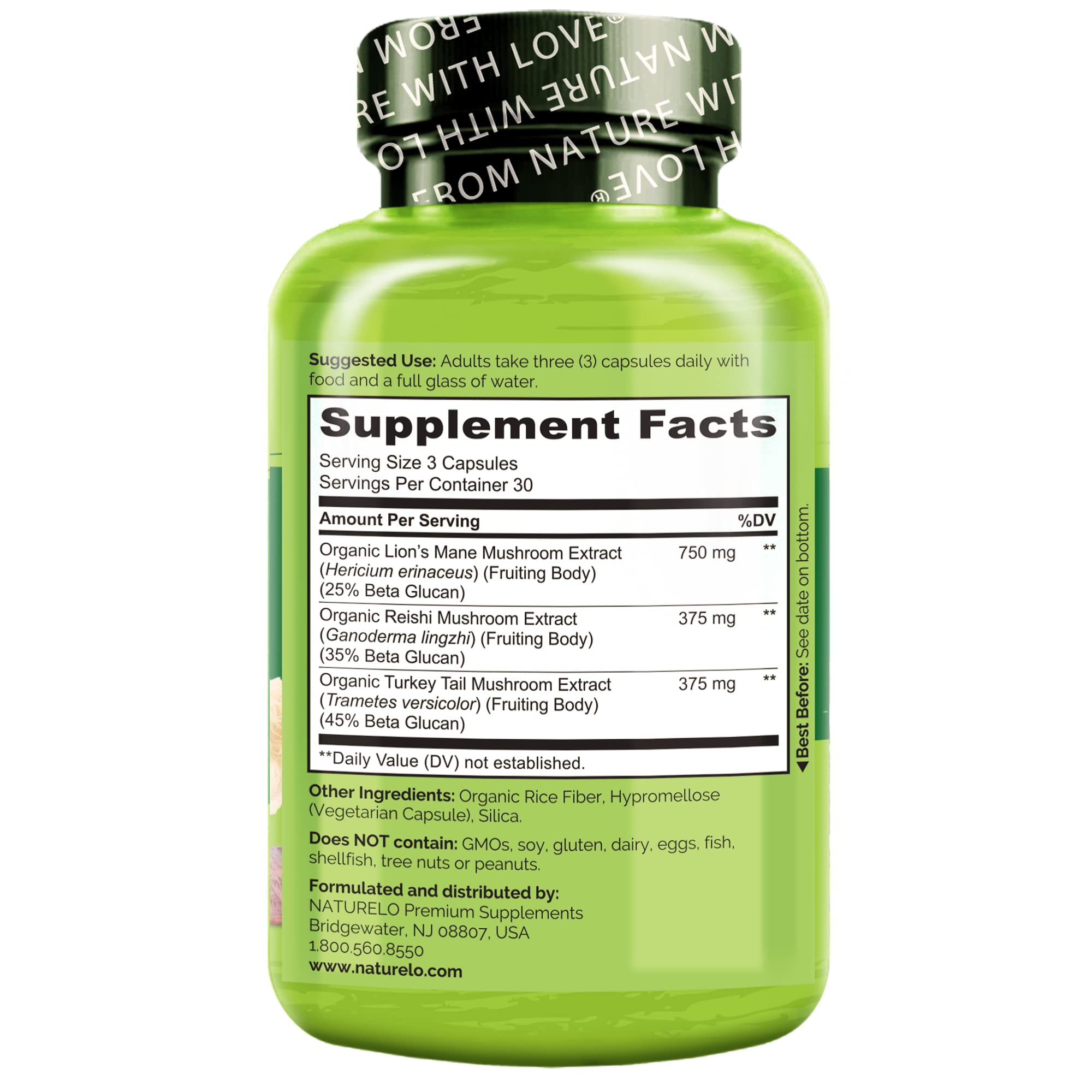 NATURELO Mushroom Complex supplement bottle with lid open