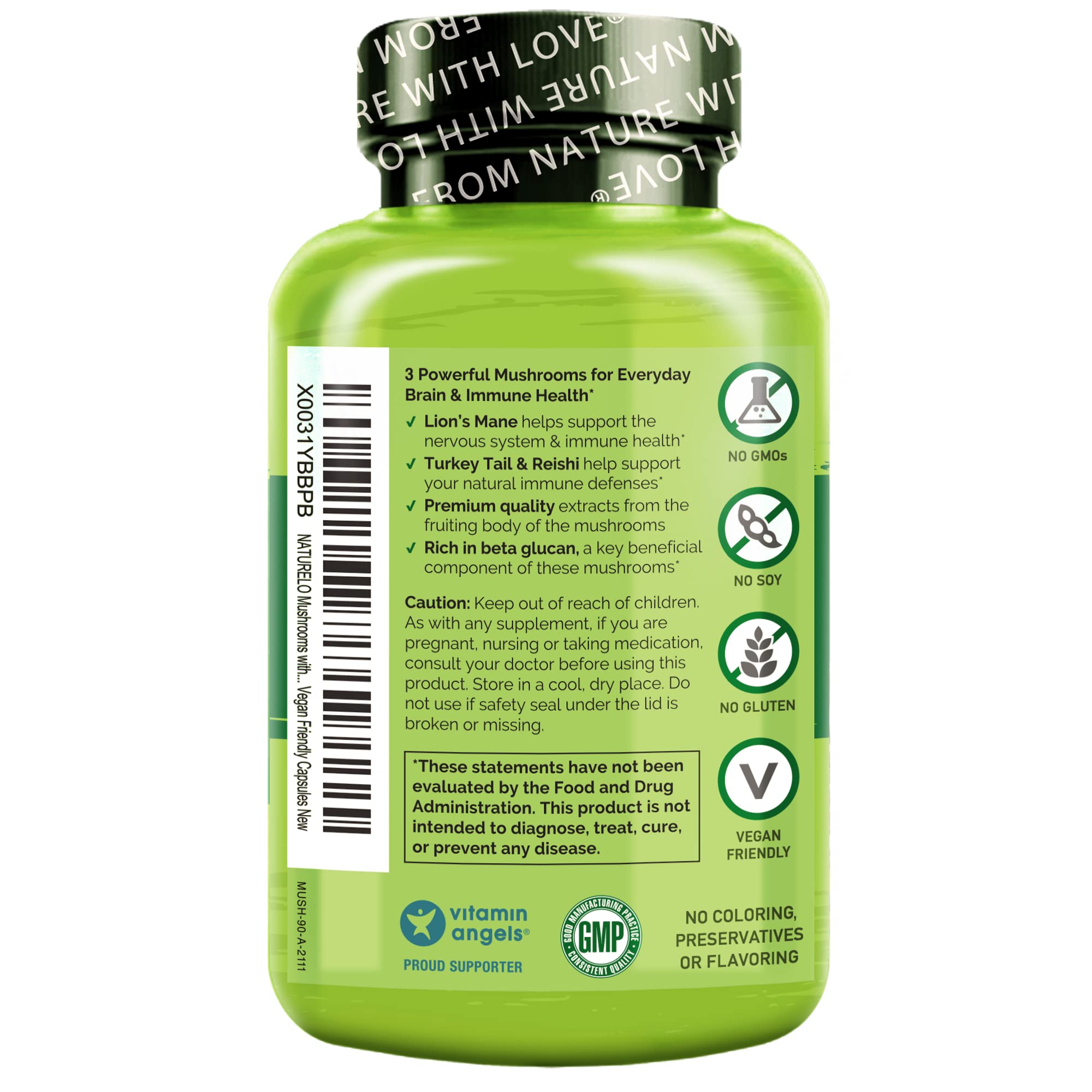 NATURELO Mushroom Complex supplement side view showing capsule