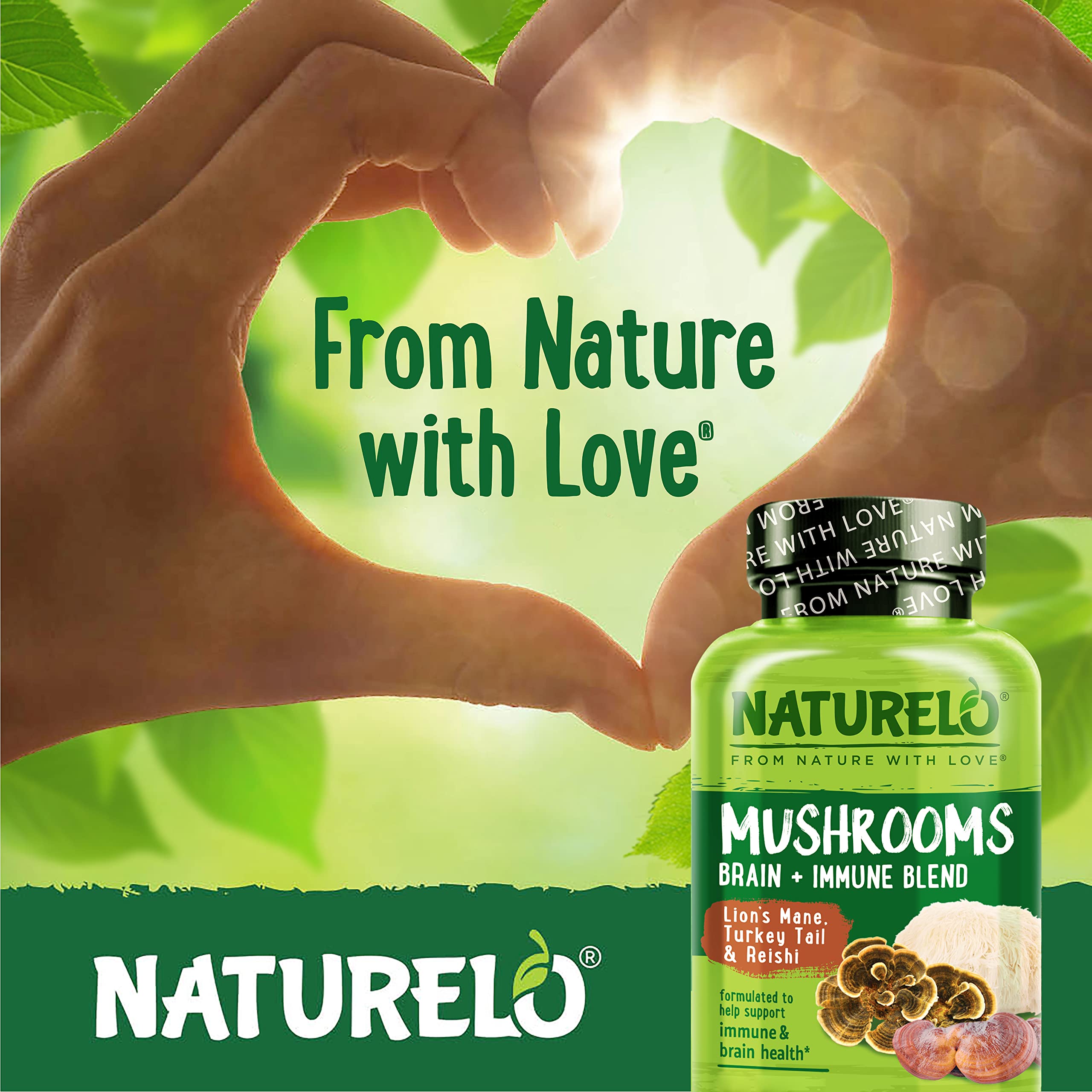 NATURELO Mushroom Complex supplement with a measuring spoon