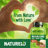 NATURELO Mushroom Complex supplement with a measuring spoon