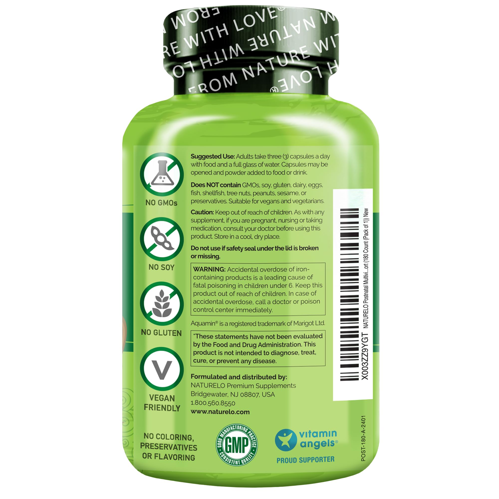 NATURELO Postnatal Multivitamins 216g side view