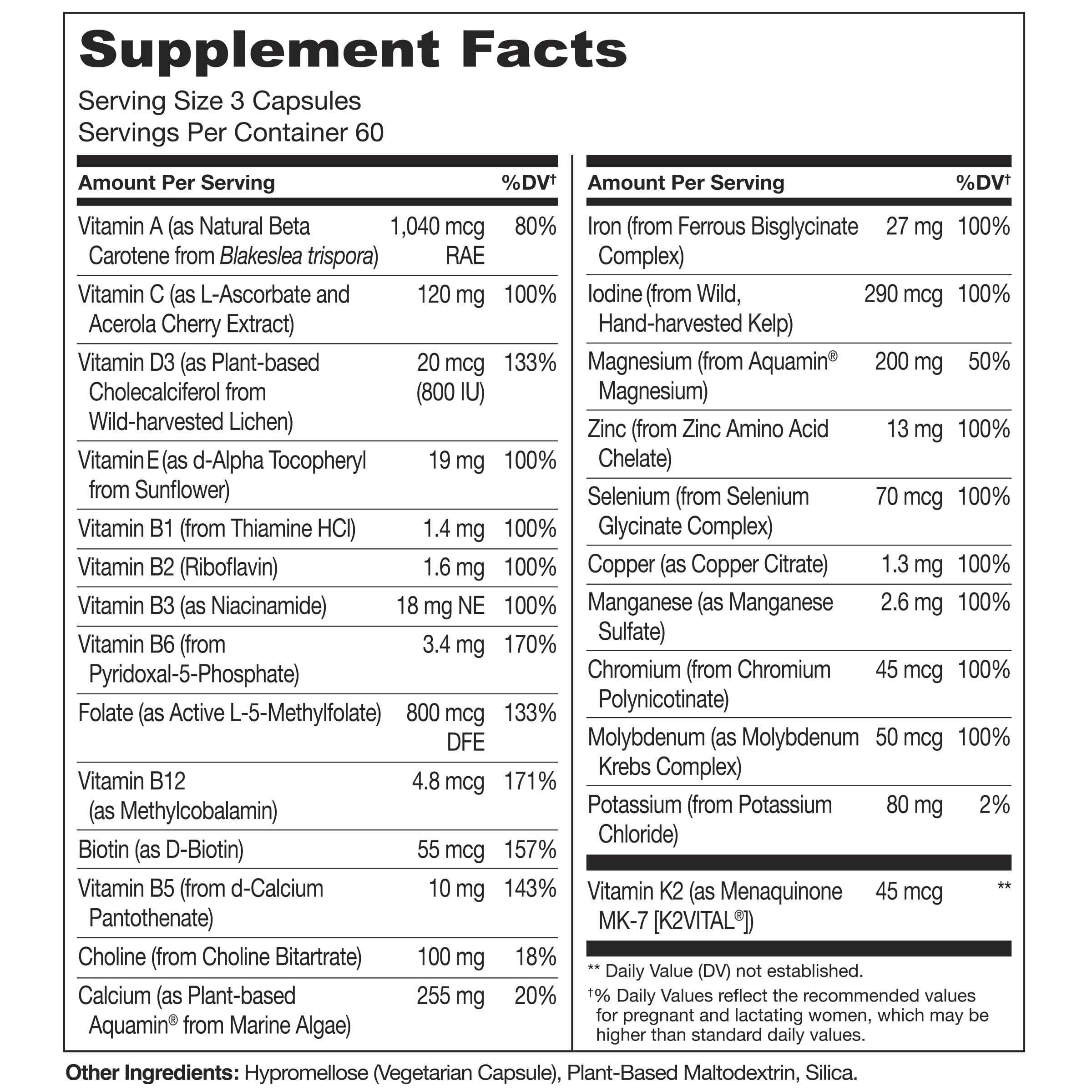 NATURELO Prenatal Vitamins 216g back view