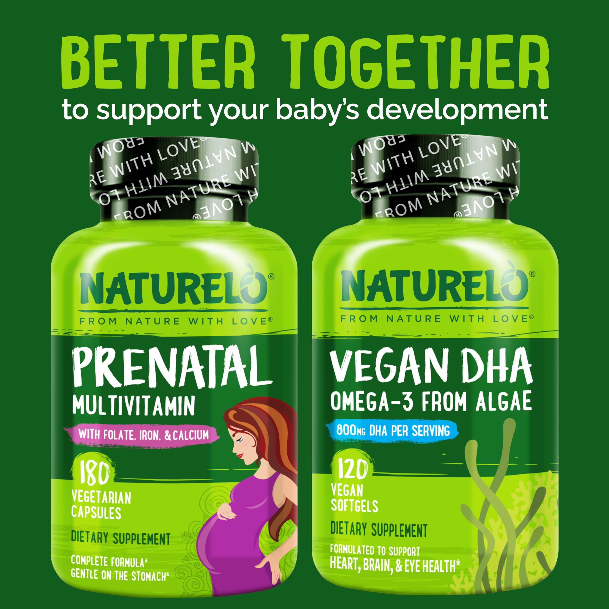 NATURELO Prenatal Vitamins 216g with a glass of water