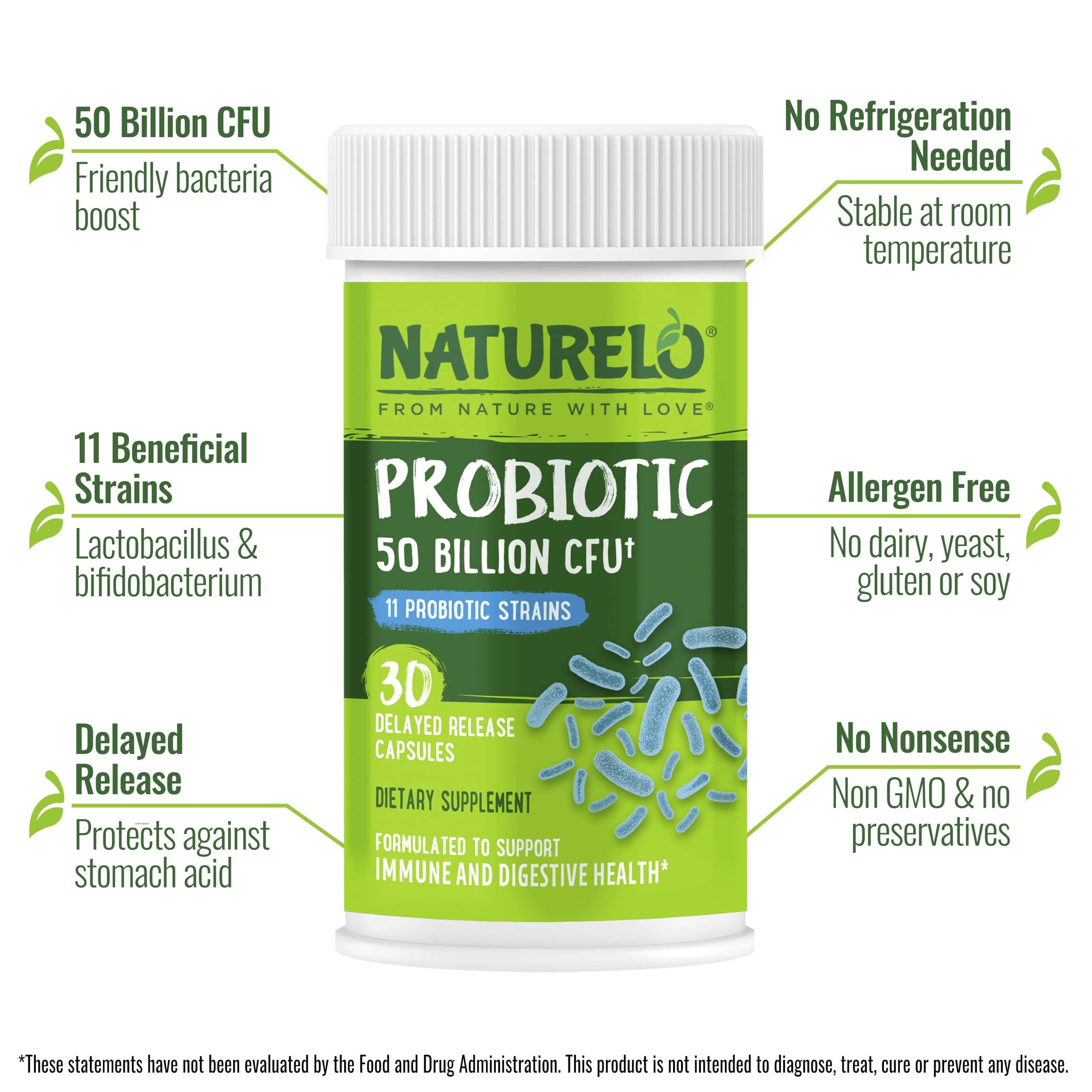 NATURELO Probiotic Capsules 60 Count side view
