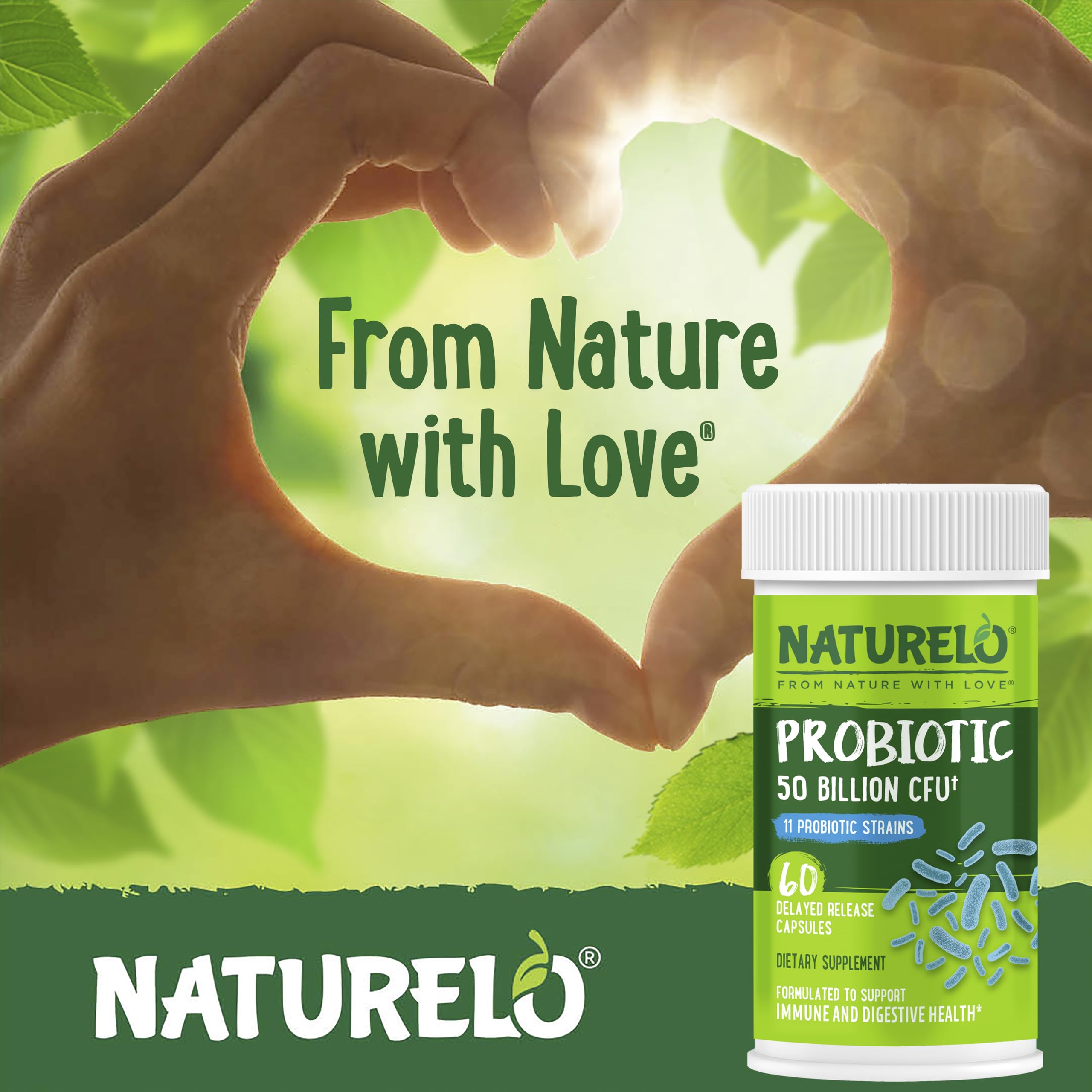 NATURELO Probiotic Capsules back view with ingredient list