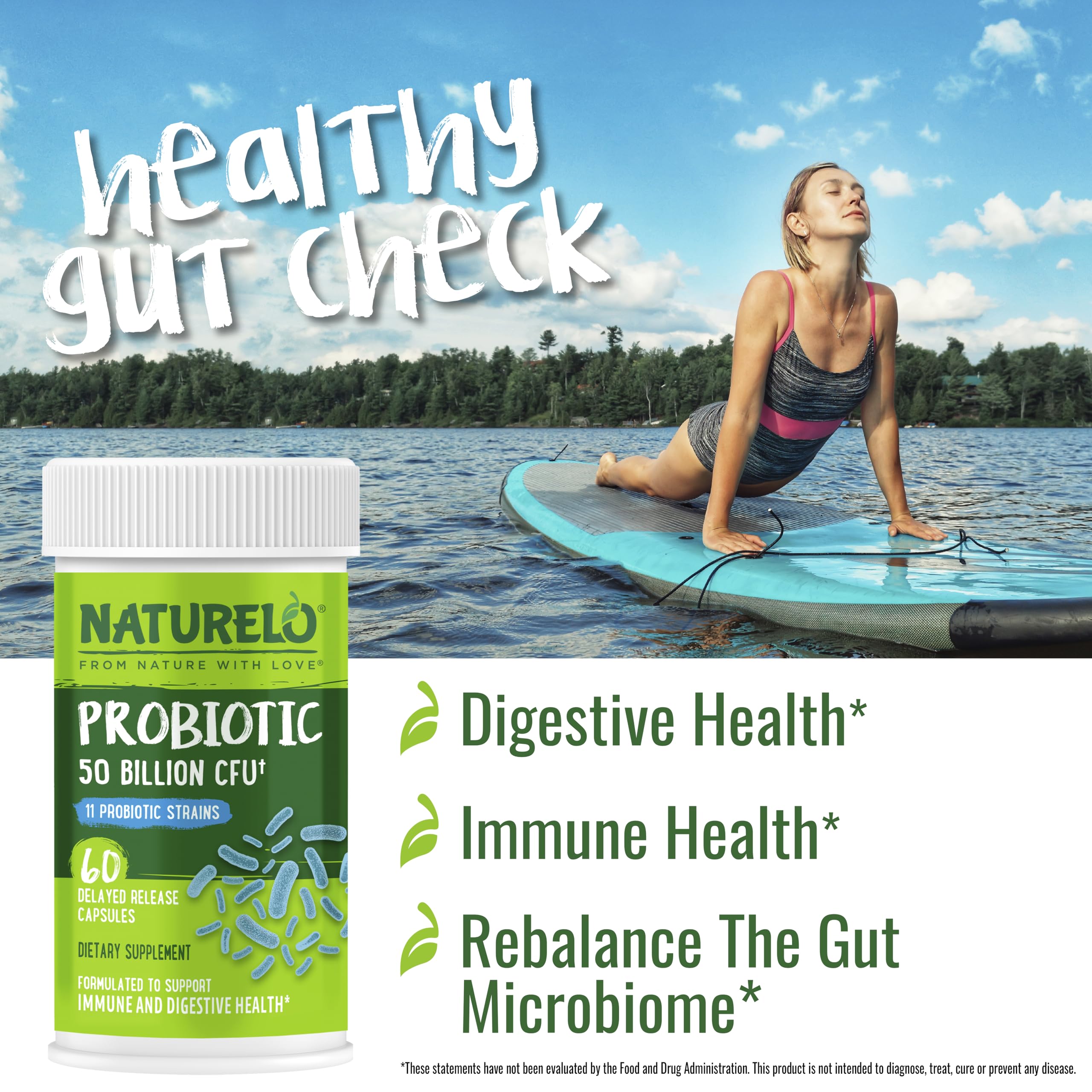 NATURELO Probiotic Capsules displayed with a measuring spoon