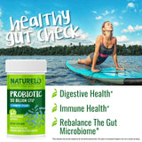 NATURELO Probiotic Capsules displayed with a measuring spoon