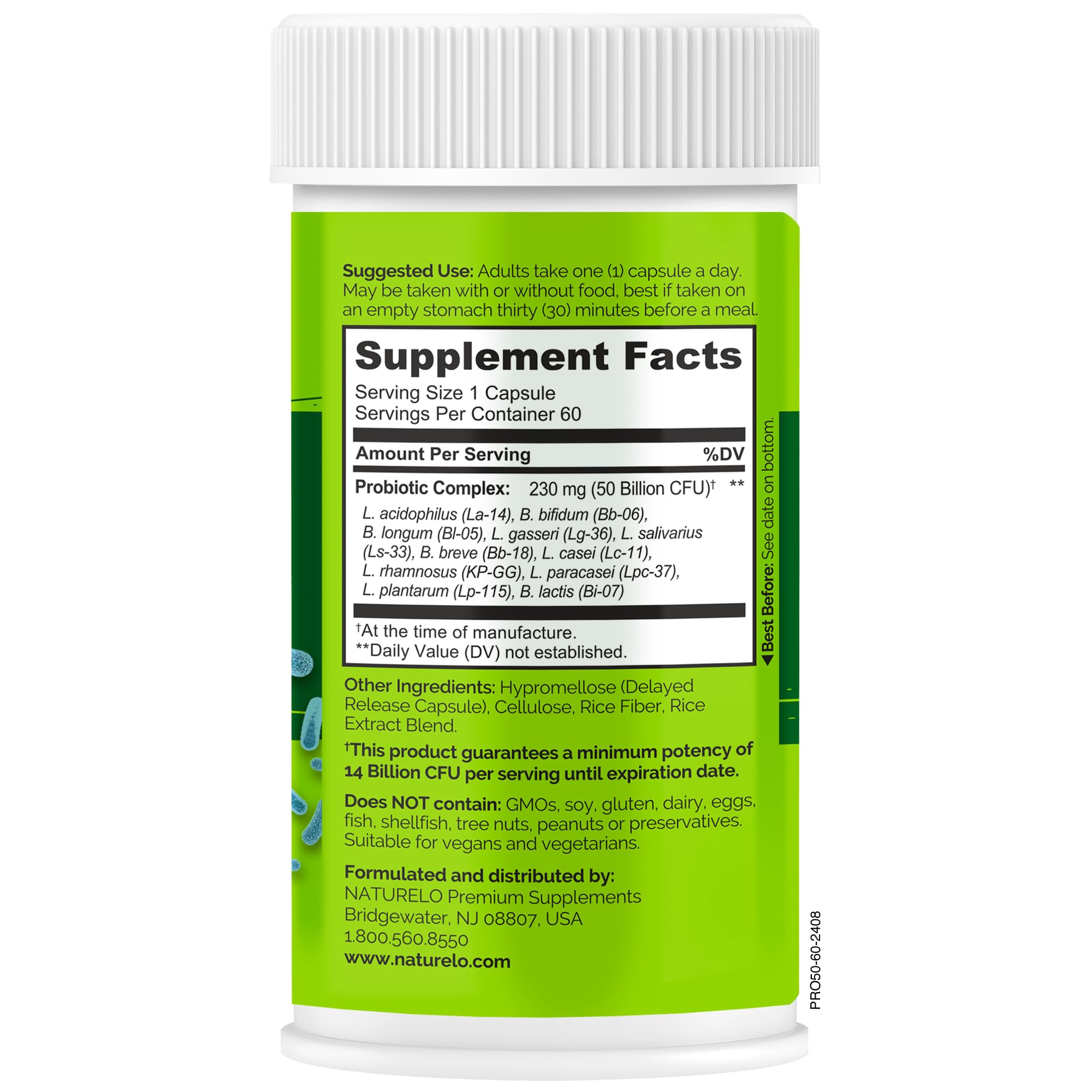NATURELO Probiotic Capsules opened bottle showing capsules